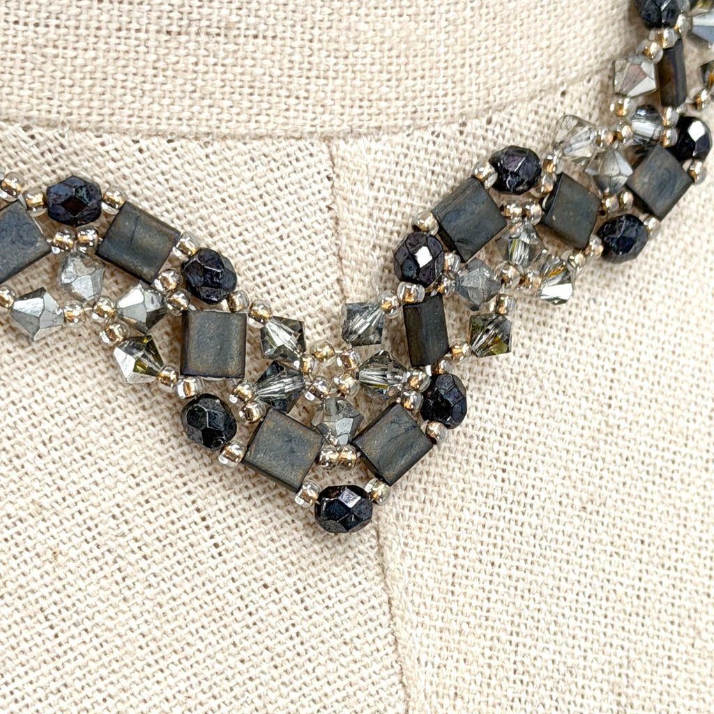Vintage 90s Black Crystal Hand Beaded V Shape Statement Choker Necklace