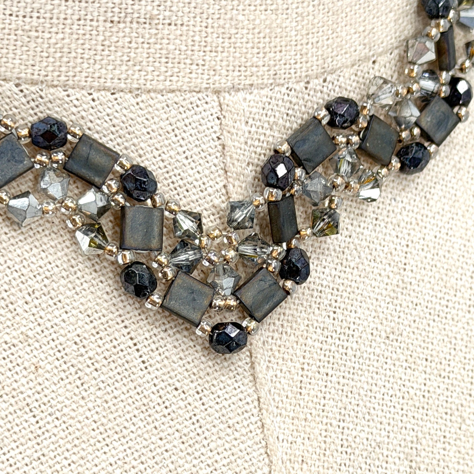 Vintage 90s Black Crystal Hand Beaded V Shape Statement Choker Necklace