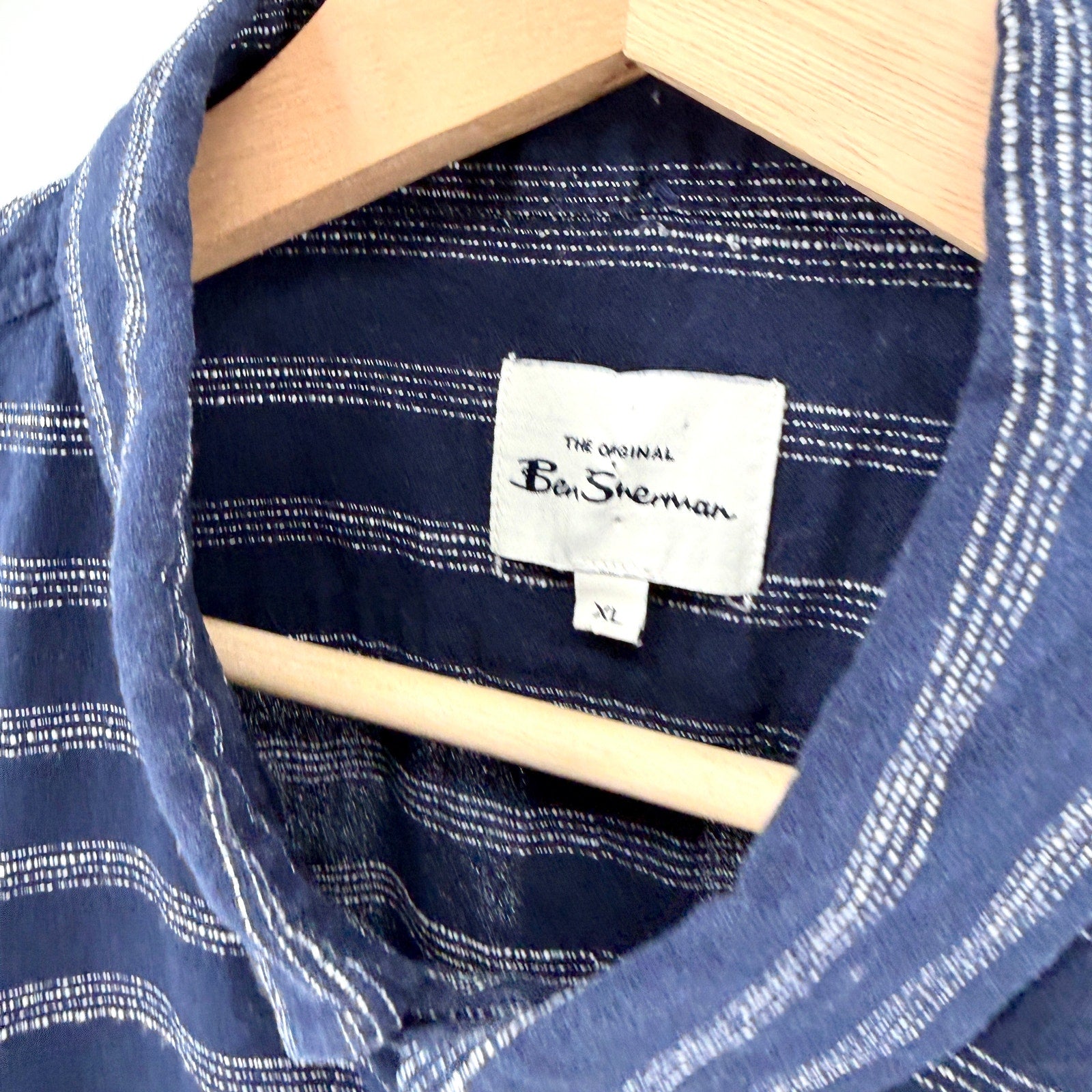 Ben Sherman Navy Blue White Stripe 100% Cotton Short Sleeve Button Down Shirt