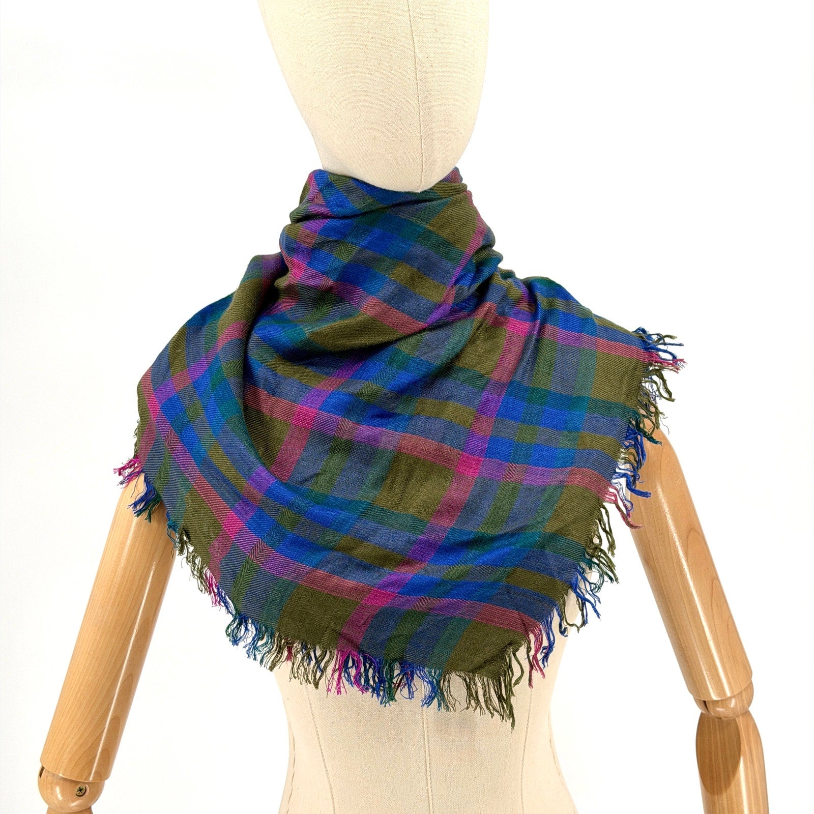 Vintage 70s Echo Olive Blue Pink Plaid Square Scarf