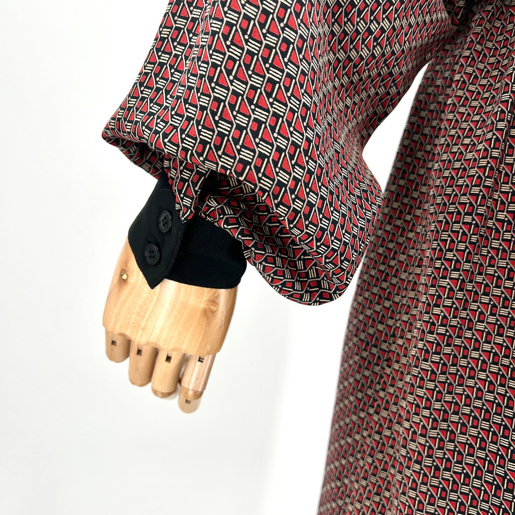 Vintage 1980s Oleg Cassini Boutique Red Black Geometric Dress