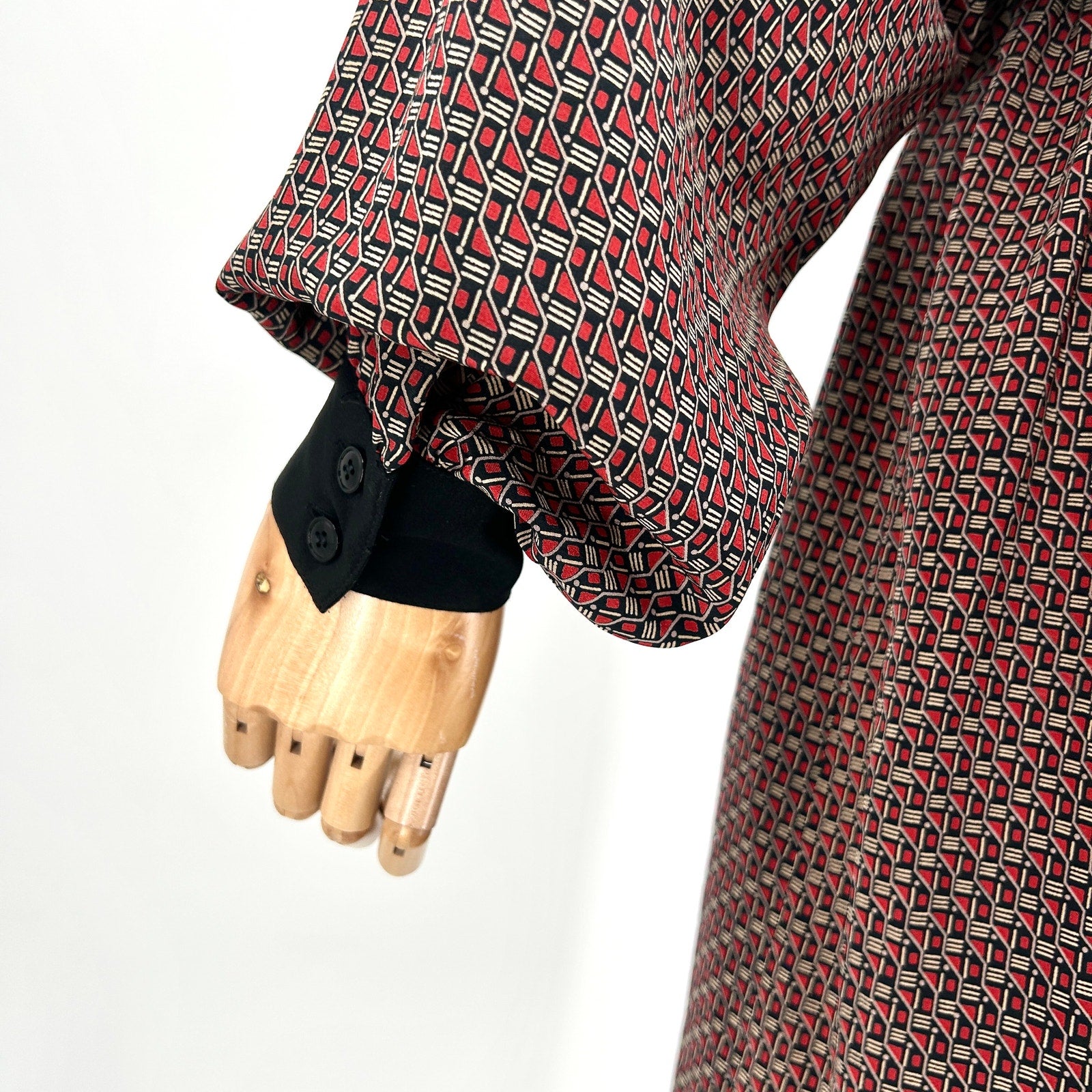 Vintage 1980s Oleg Cassini Boutique Red Black Geometric Dress
