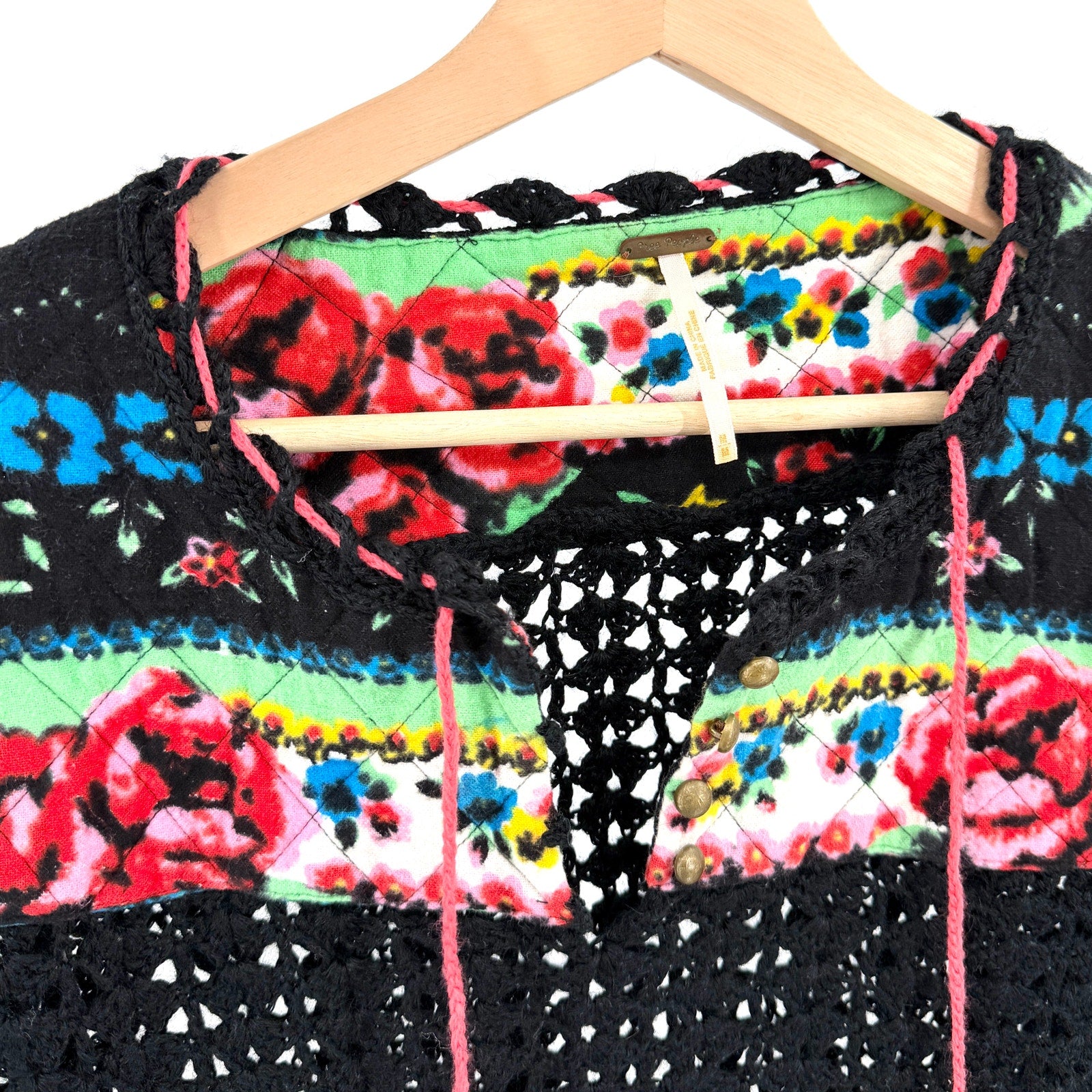 Free People Black Crochet Floral Cottagecore Boho Lace Up Sweater Top