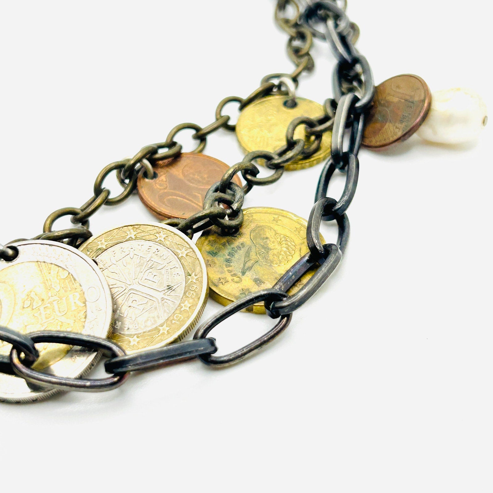 Vintage Y2K Multi-Tone Euro Coin Charm Layered Chain Necklace