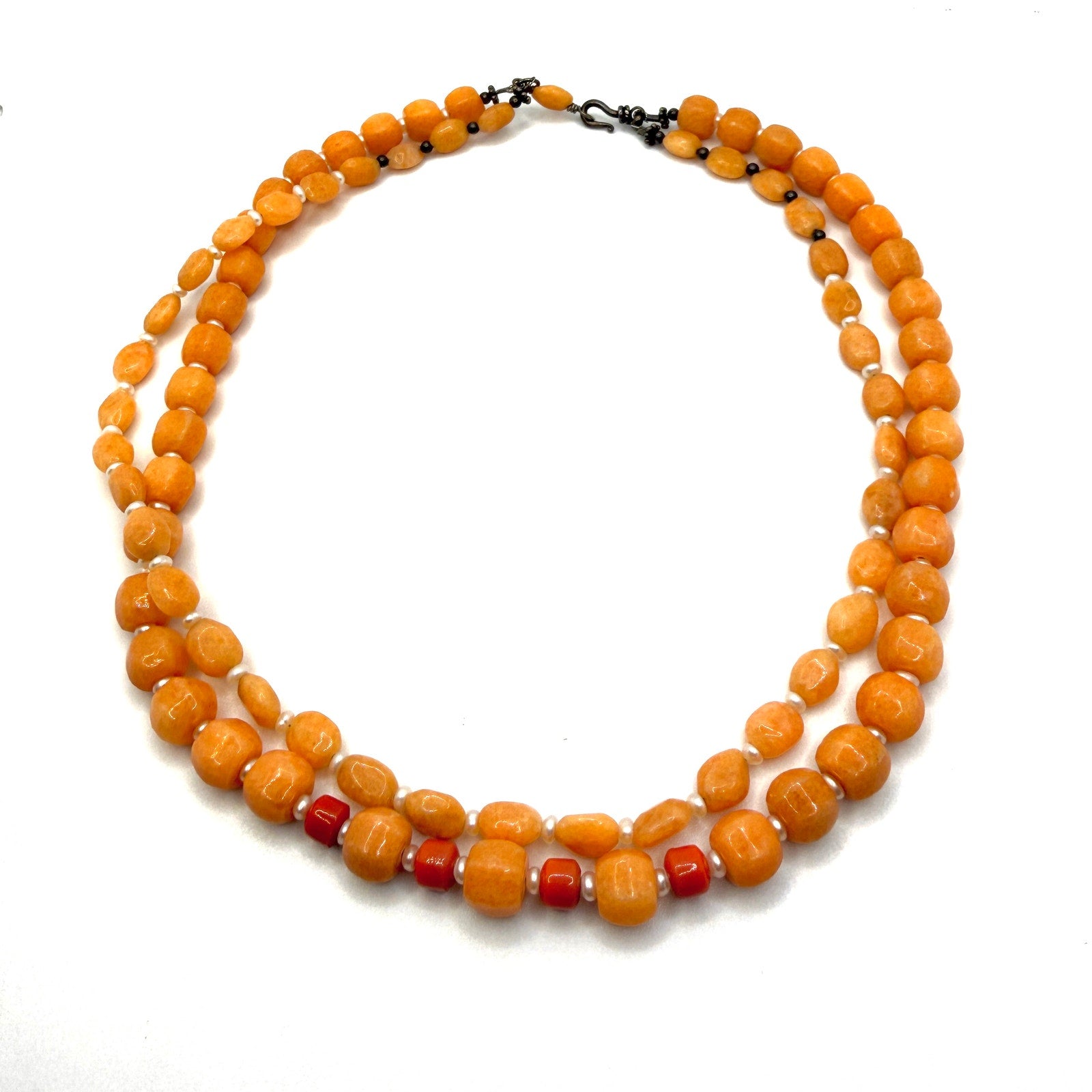 Vintage 90s Orange Jade Quartzite Pearl Red Coral Double Strand Necklace