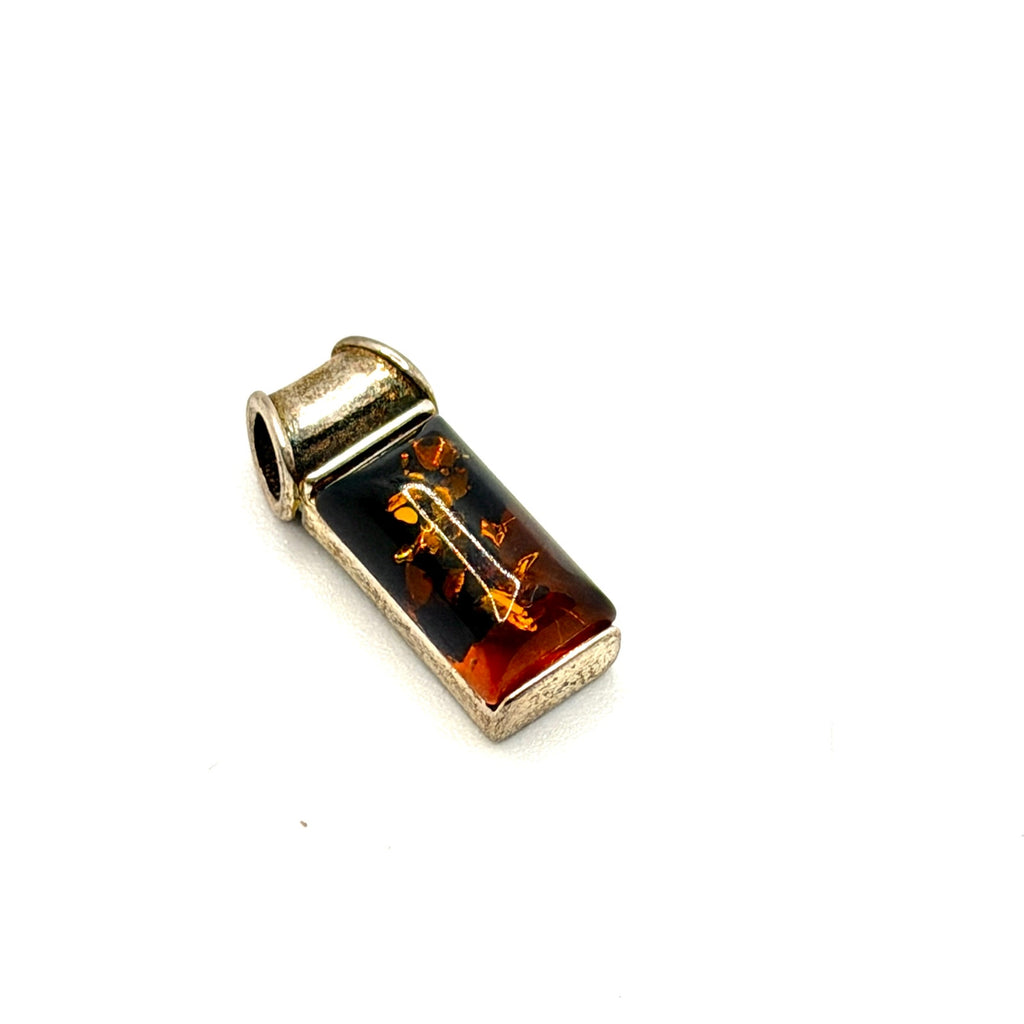 Vintage 90s Sterling Silver Cognac Amber Rectangular Modernist Pendant
