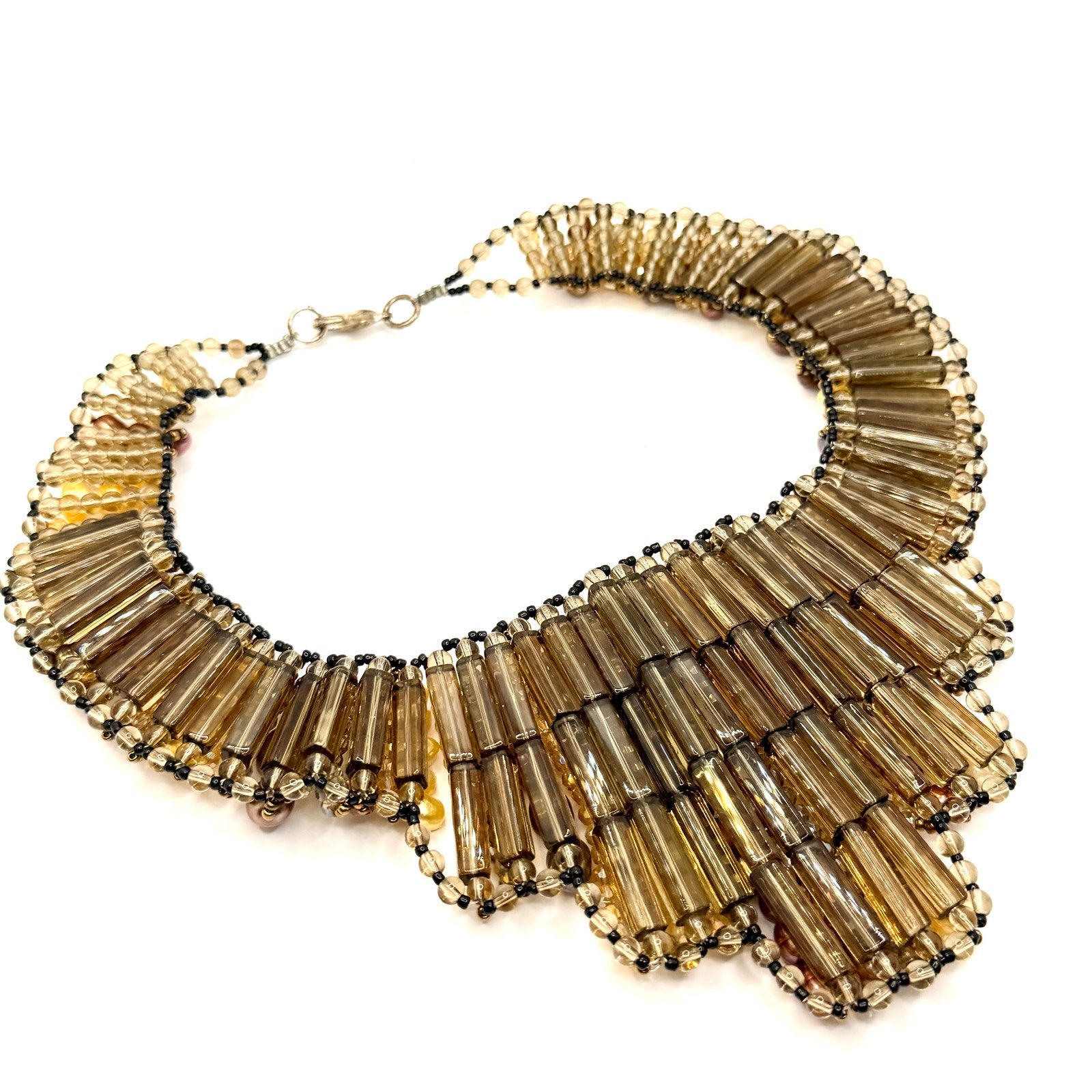 Vintage 90s Multi-Strand Genuine Pearl Glass Bib Statement Necklace