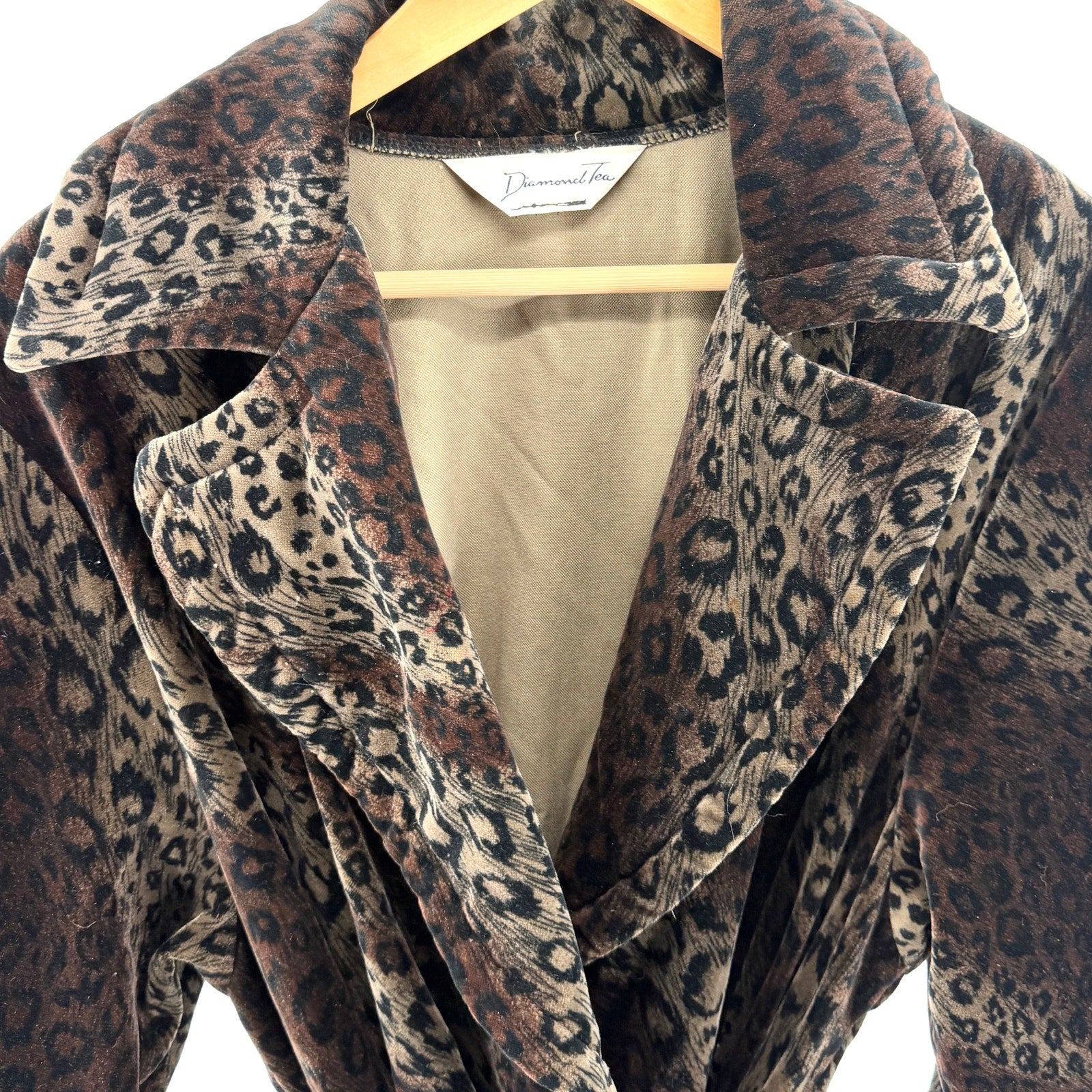 Vintage 90s Diamond Tea Brown Velvet Leopard Print Robe Duster