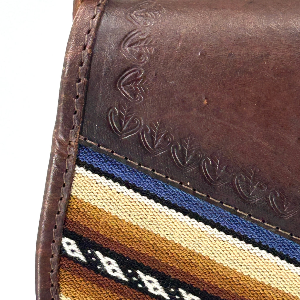 Vintage 90s Hand-Tooled Brown Leather Purse with Blue Fabric Inlay