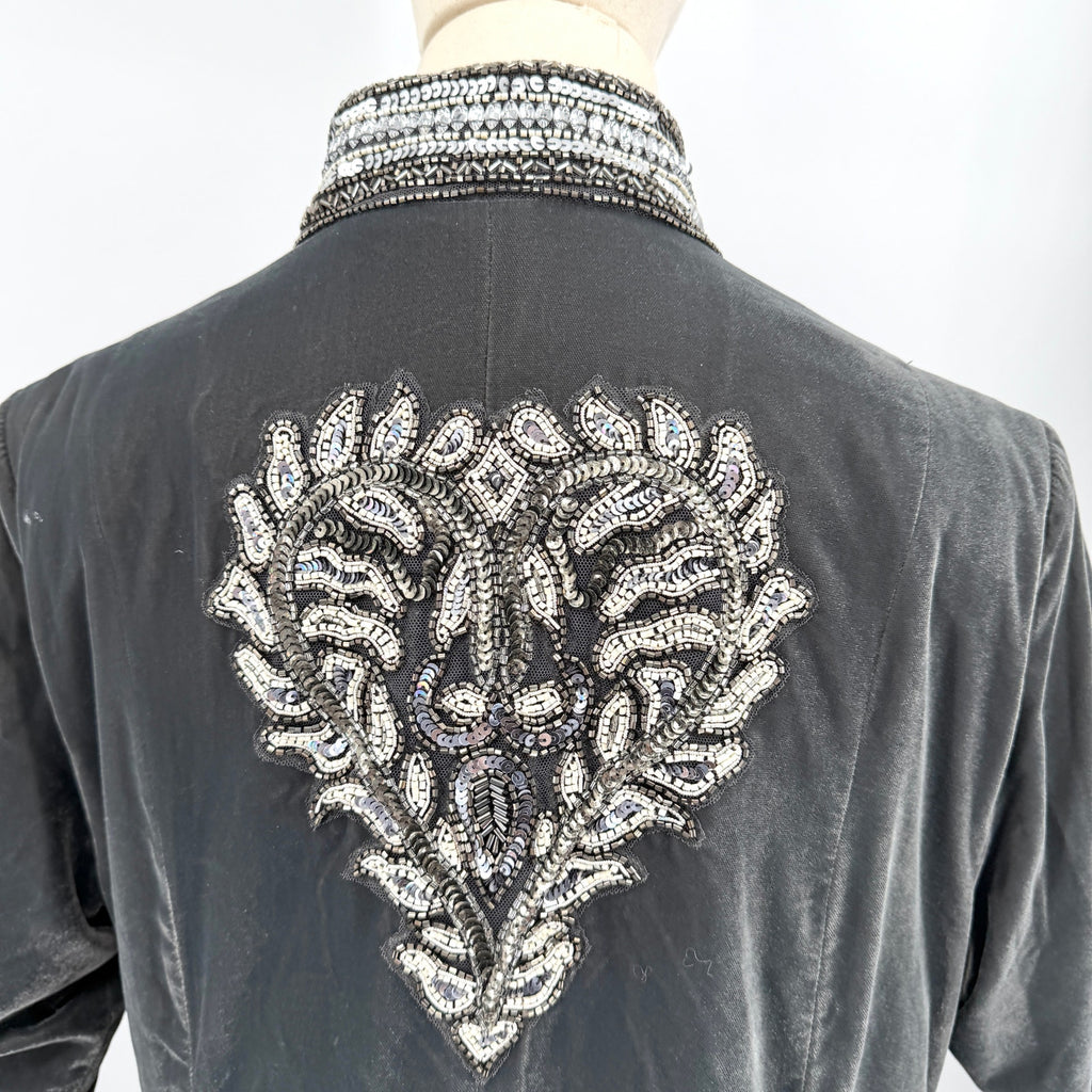 Soft Surroundings Gray Velvet Heavily Beaded Silver Duster Coat