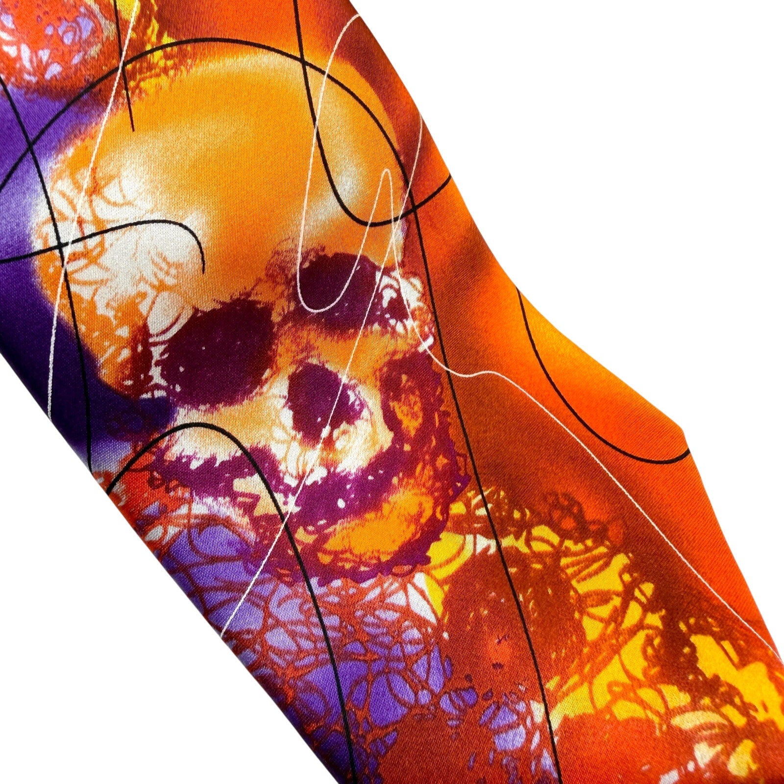Vintage 90s Jerry Garcia Silk Orange Purple Skull Necktie