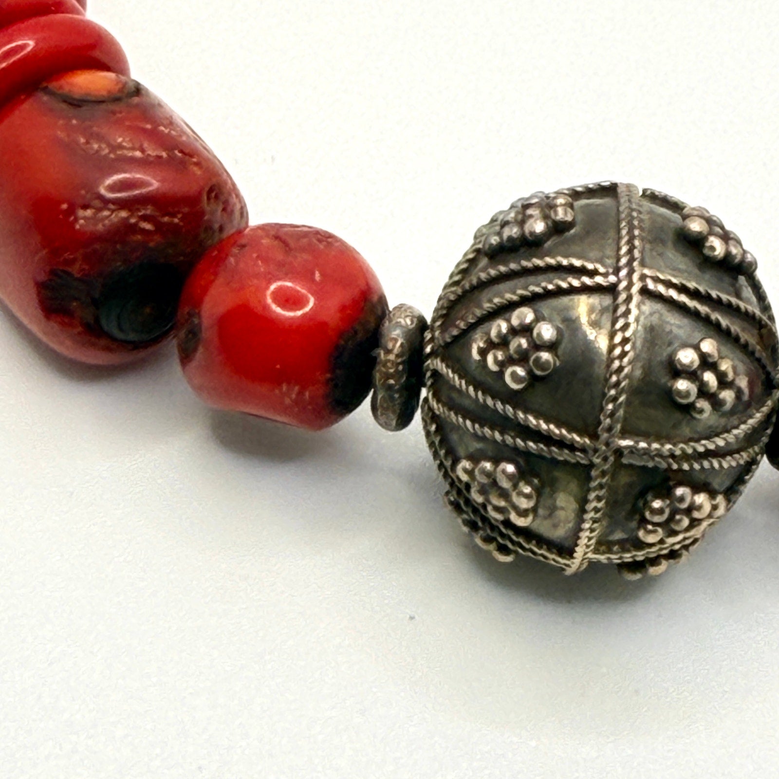 Vintage Red Natural Coral Berber Bawsani Filigree Focal Toggle Necklace