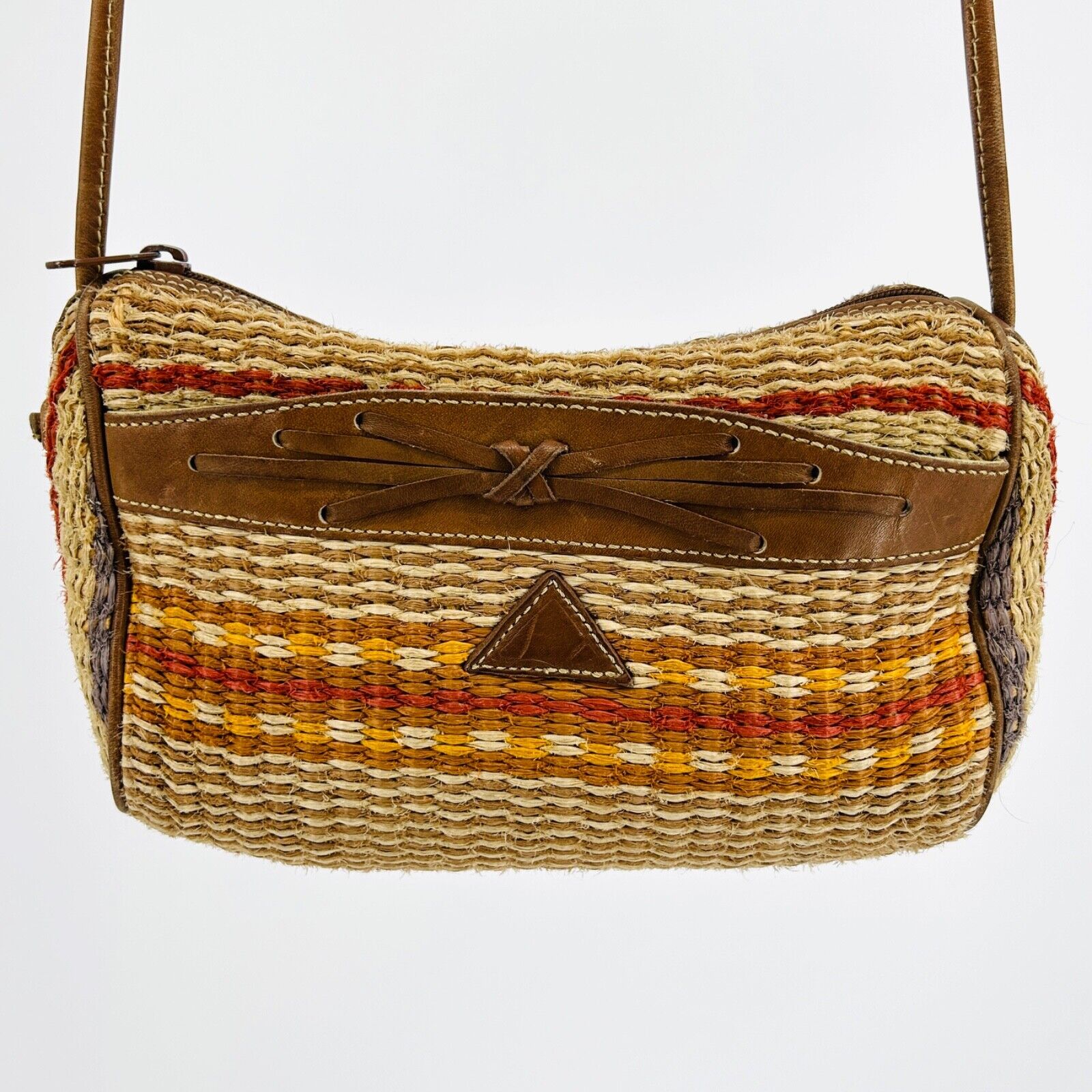 Vintage 80s Multicolor Woven Straw Genuine Leather Bow Crossbody Bag