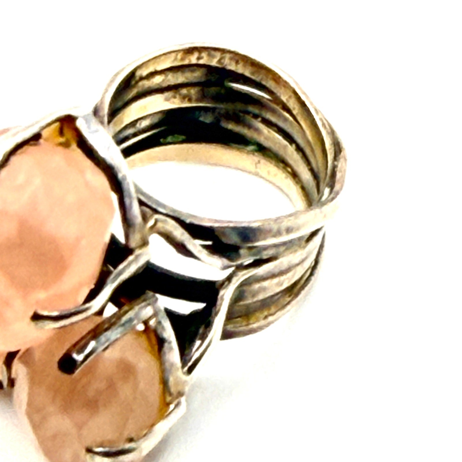 Vintage 90s Sterling Silver Rose Quartz Triple Cluster Statement Ring