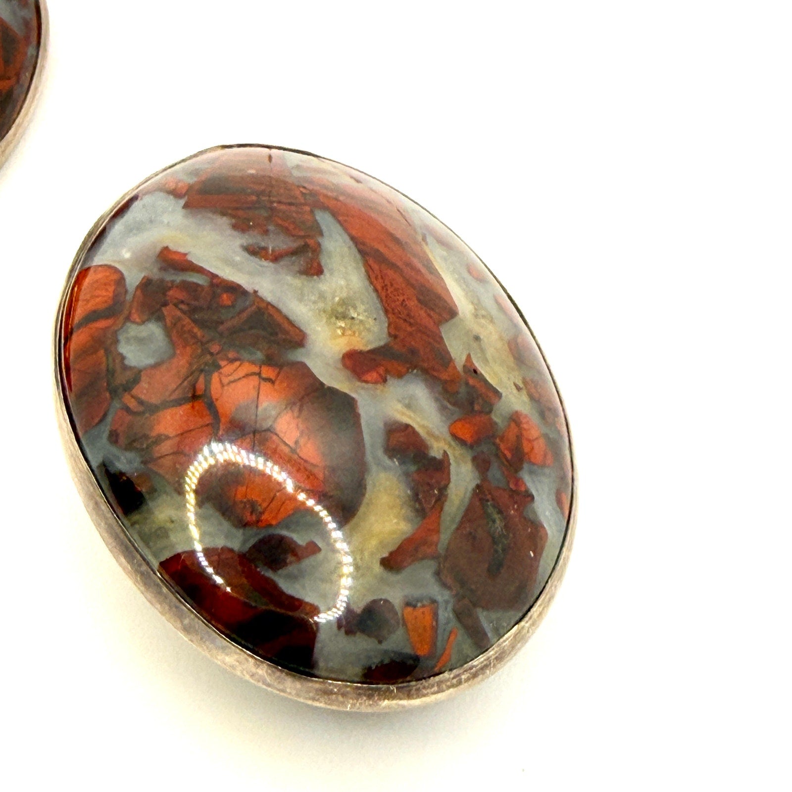 Vintage 90s Sterling Silver Red Jasper Oval Artist Signed Clip On Earrings