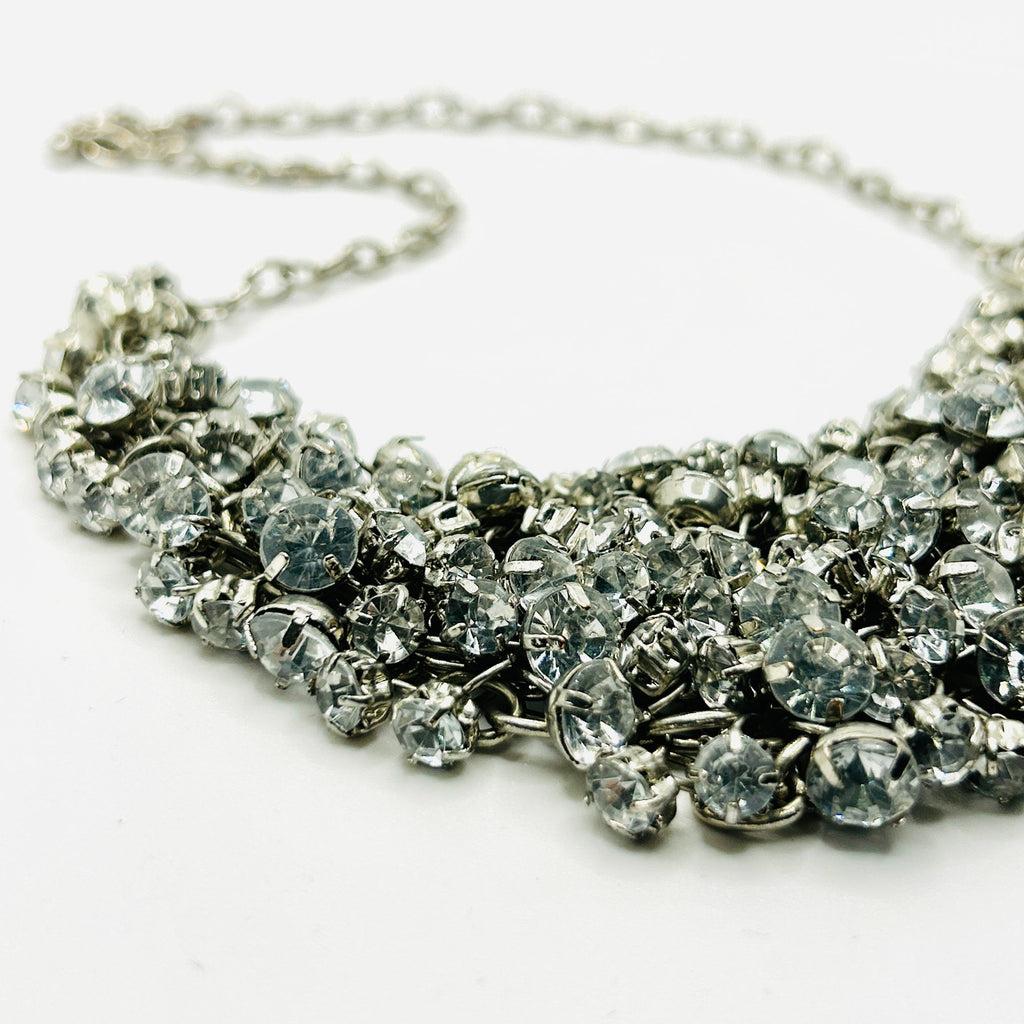 Y2k Silver White Rhinestone Crystal Chain Link Bib Glam Bling Costume Necklace