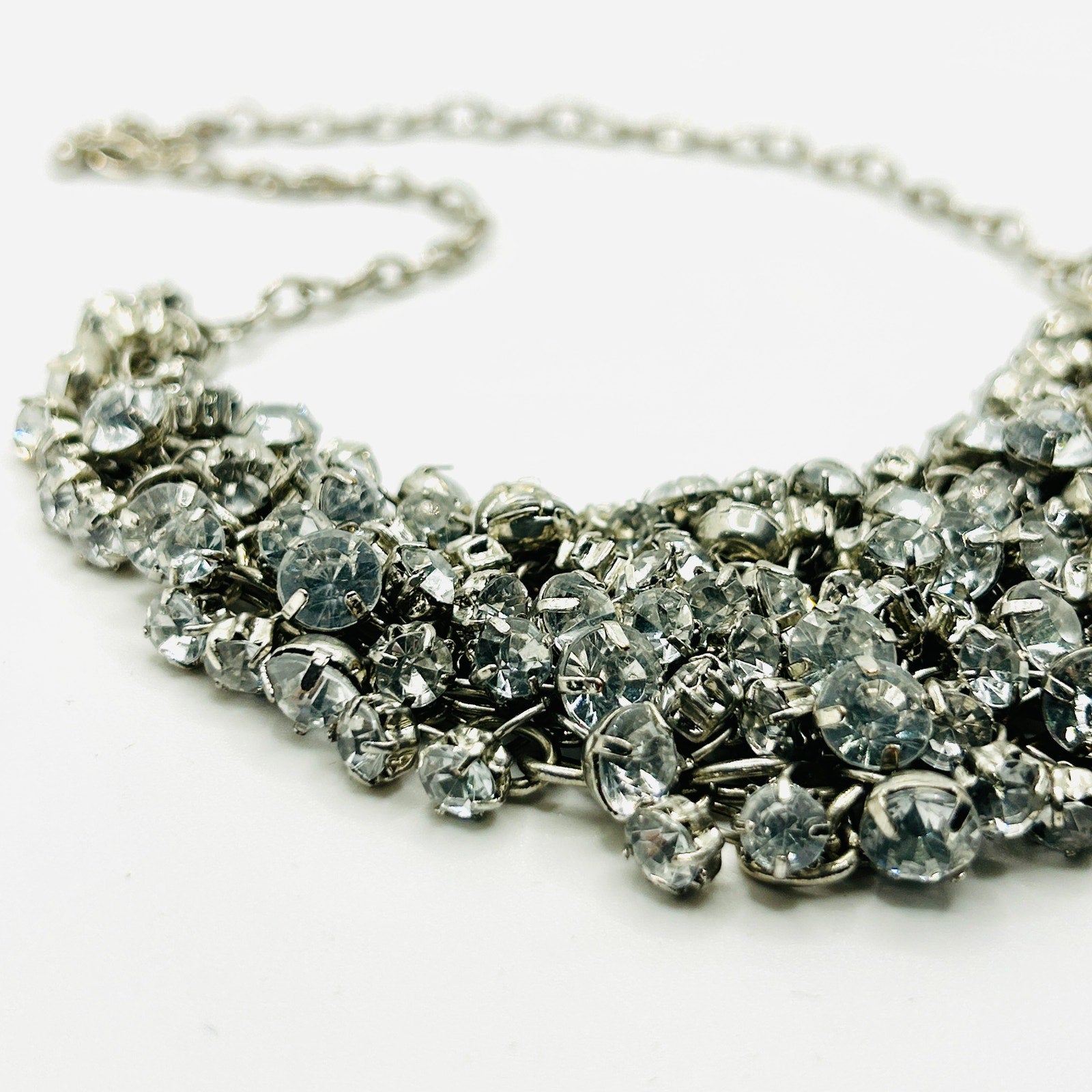 Y2k Silver White Rhinestone Crystal Chain Link Bib Glam Bling Costume Necklace