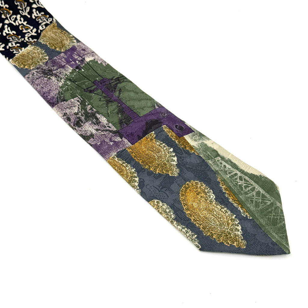 Vintage 90s Hubert Milano Sage Green Purple 100% Silk Graphic Paisley Necktie