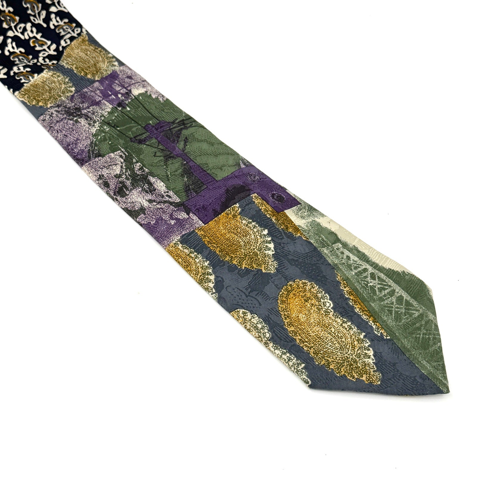 Vintage 90s Hubert Milano Sage Green Purple 100% Silk Graphic Paisley Necktie