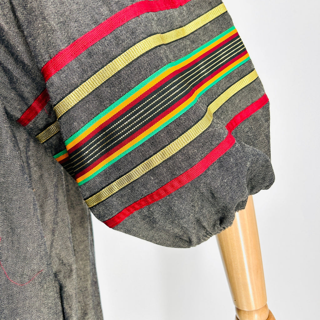 Vintage 70s Krist Gudnason Gray Striped Ribbon Trim Puff Sleeve Muumuu Dress