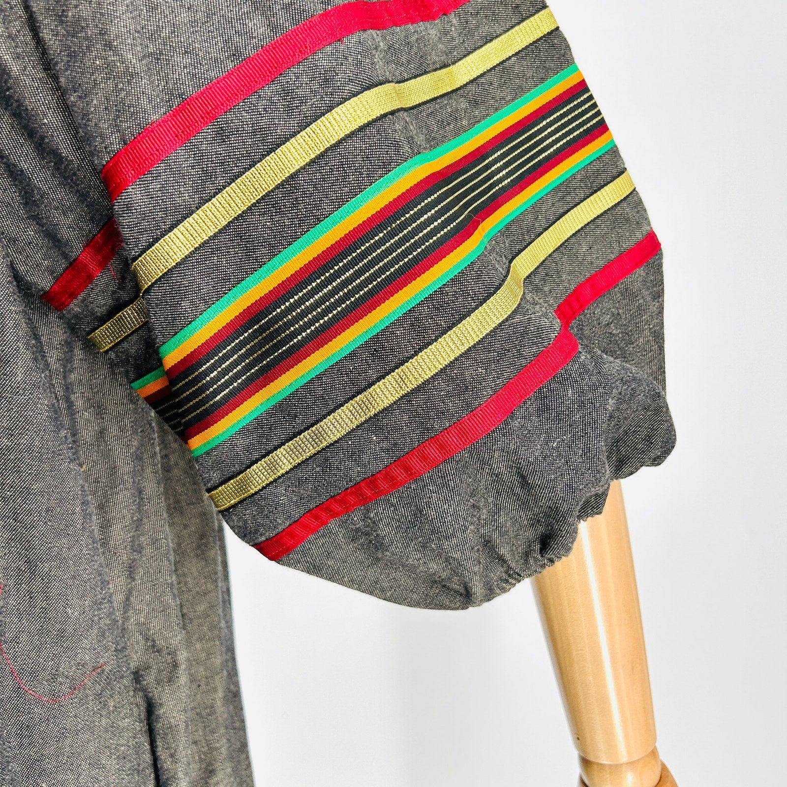 Vintage 70s Krist Gudnason Gray Striped Ribbon Trim Puff Sleeve Muumuu Dress