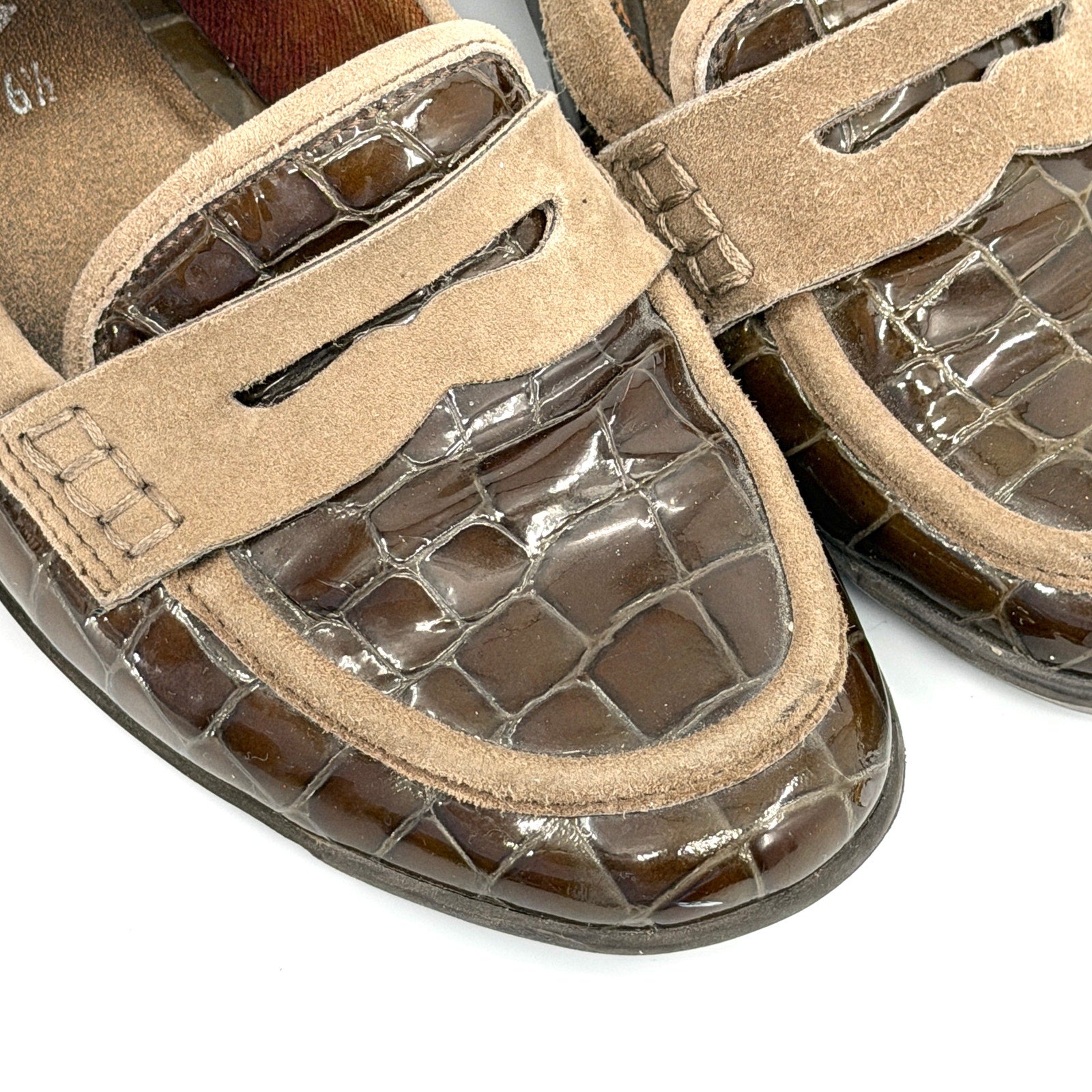 Vintage Y2K Aquatalia Brown Patent Leather Croc Suede Penny Loafers