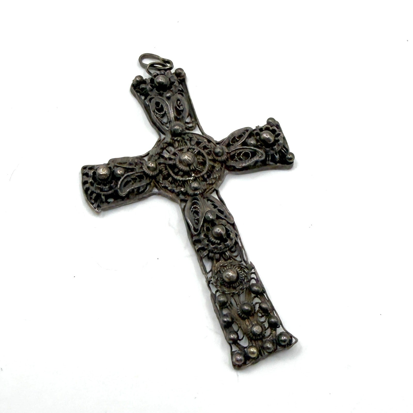 Vintage 70s Ornate Cannetille Sterling Silver Statement Cross Pendant