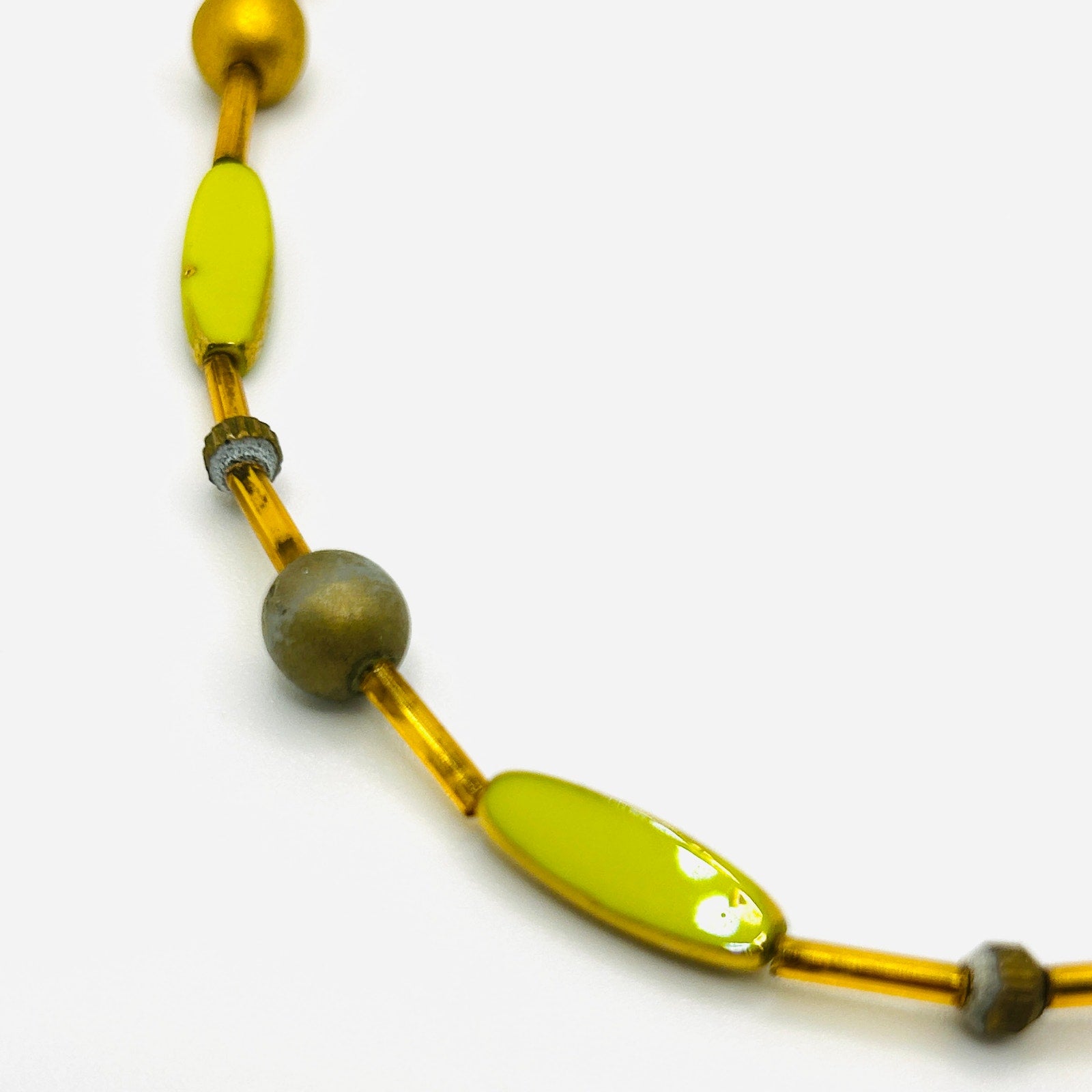 Handmade Art Deco-Style Delicate Green Gold Glass + Ceramic Beaded Necklace