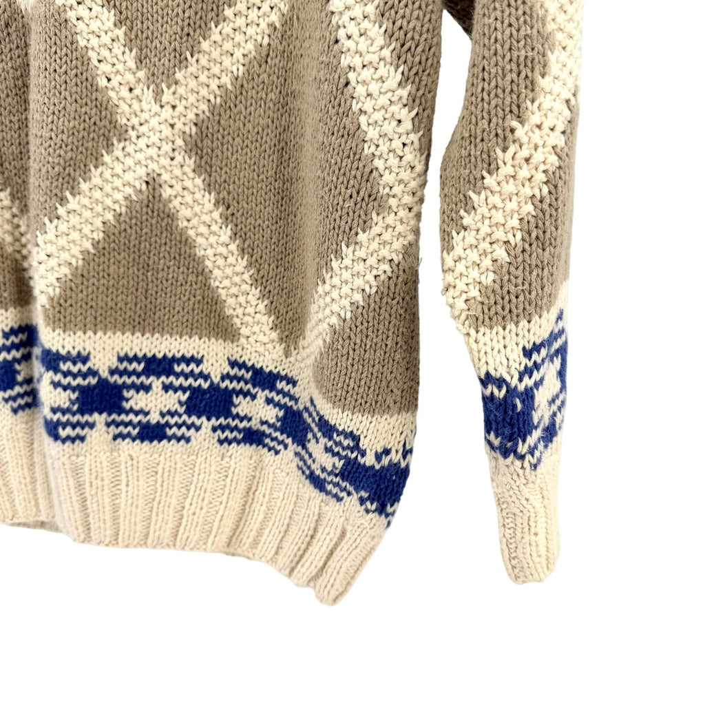 Vintage 90s Cambridge Dry Goods Beige Blue Geometric Diamond Knit V-Neck Sweater