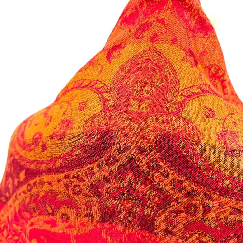 Vintage Y2K Sacred Threads Orange Red 100% Silk Paisley Woven Fringed Shawl