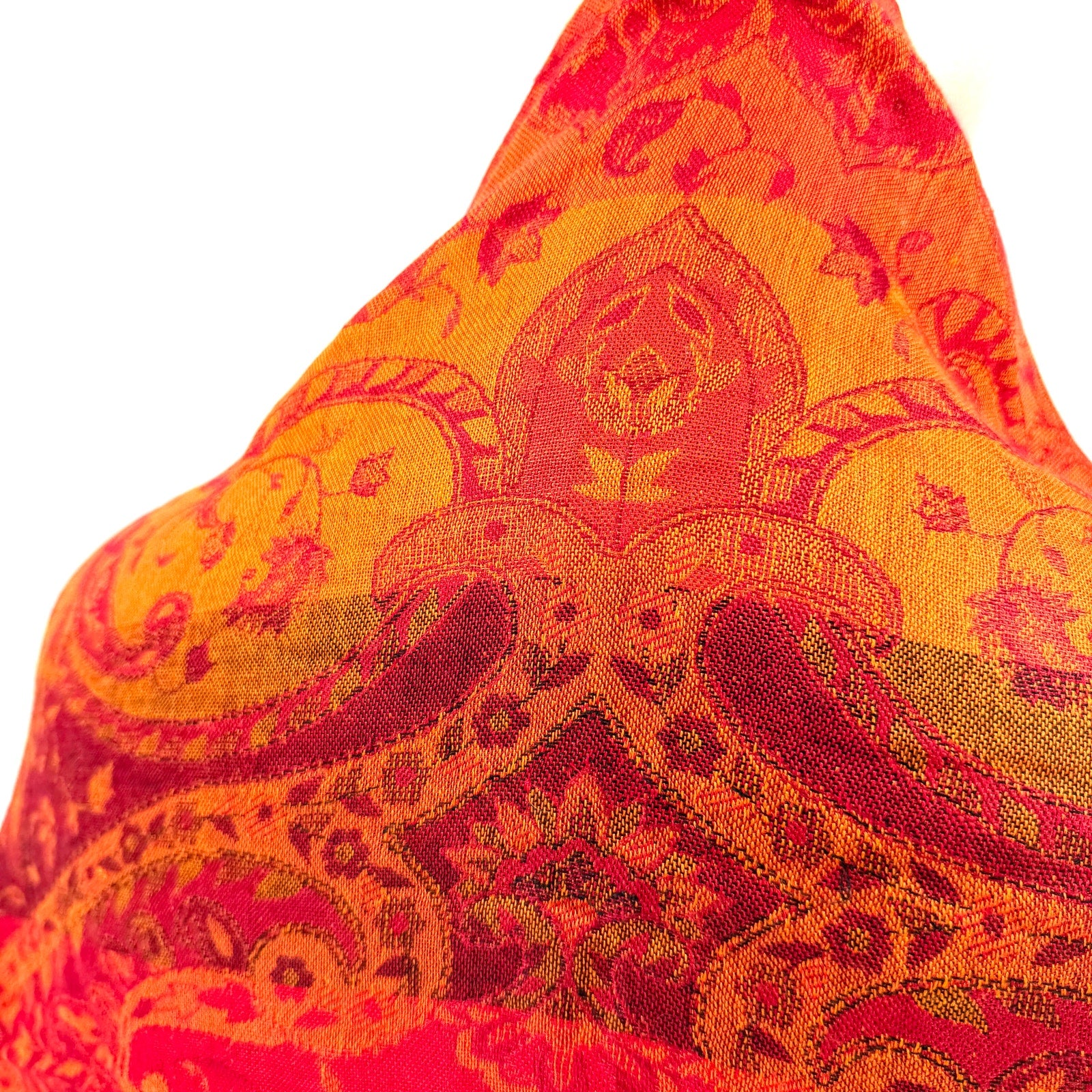 Vintage Y2K Sacred Threads Orange Red 100% Silk Paisley Woven Fringed Shawl