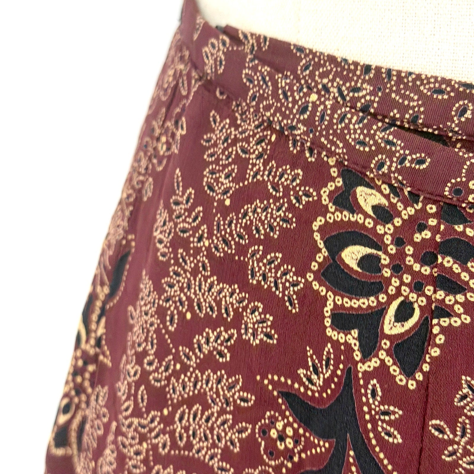 Vintage 90s Ann Taylor Maroon Tan Floral Rayon Boho Wrap Maxi Skirt