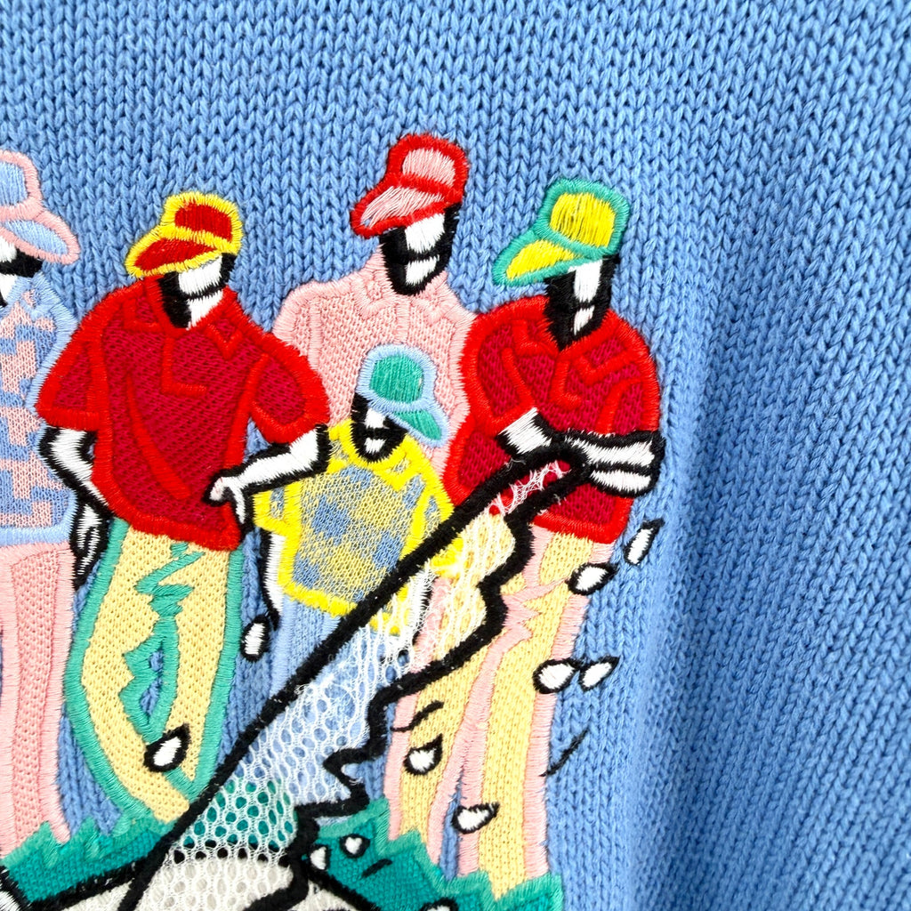 Vintage 90s Pivot Sportware Blue 100% Cotton Novelty Golf Crewneck Sweater