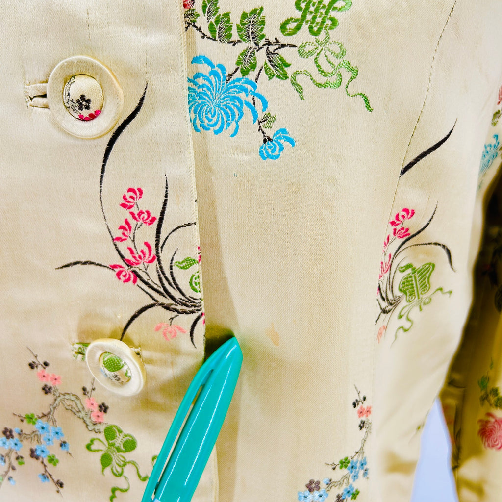 Vintage 60s Couture Gold 100% Silk Satin Embroidered Cheongsam Dress Suit