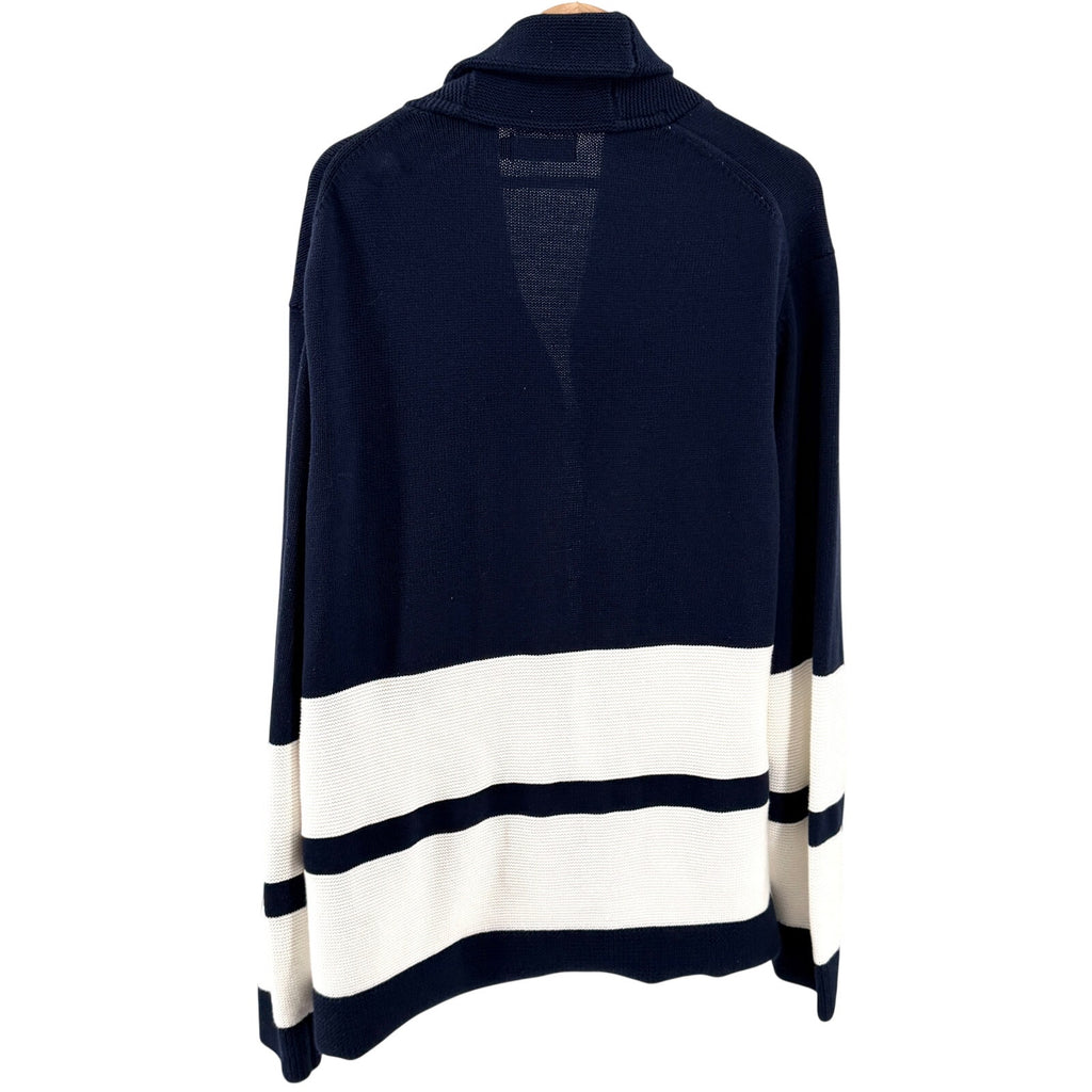 Nautica Navy Blue White 100% Cotton Wood Toggle Shawl Cardigan Sweater