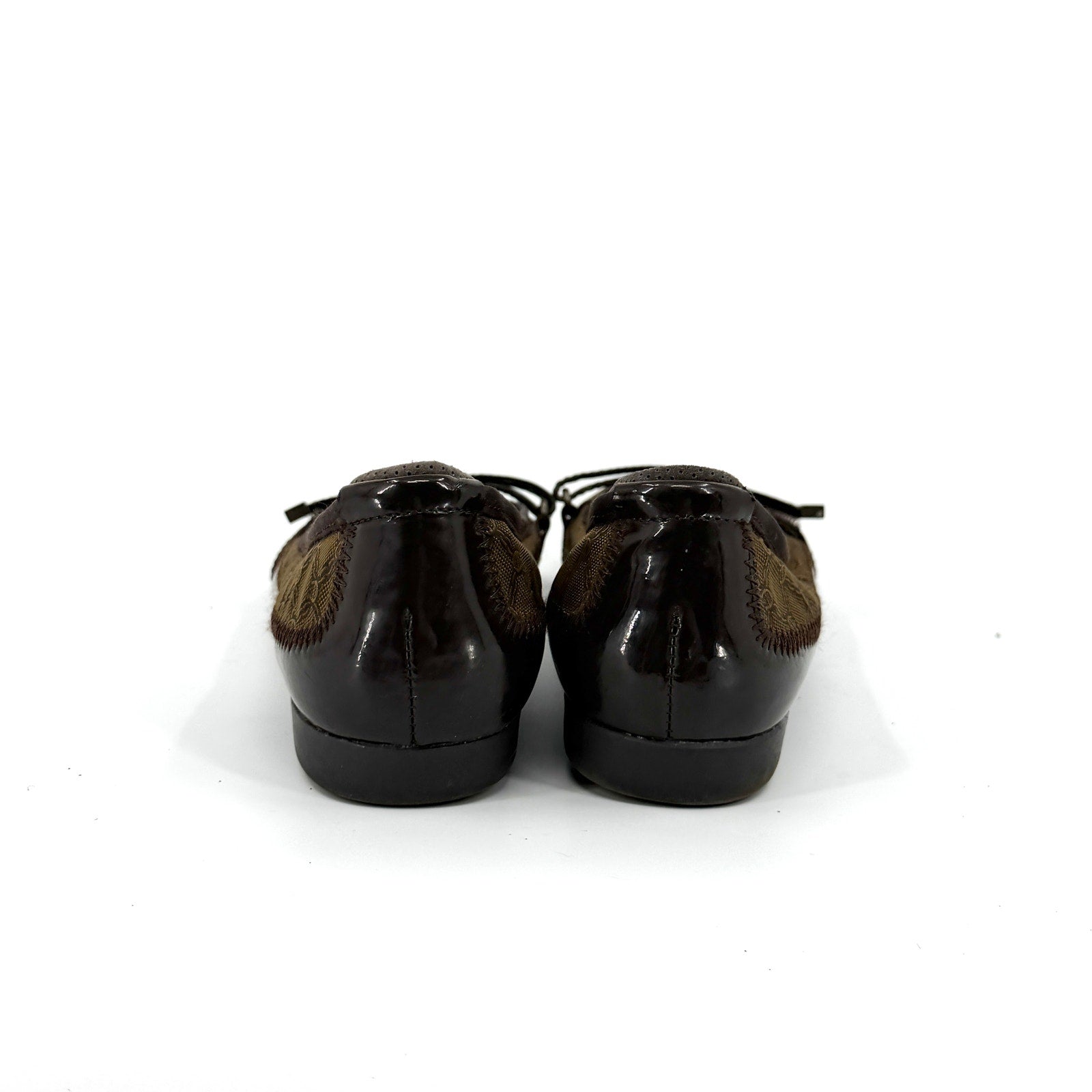Vintage Y2K Etienne Aigner Brown Logo Pattern Patent Accent Mary Jane Flats