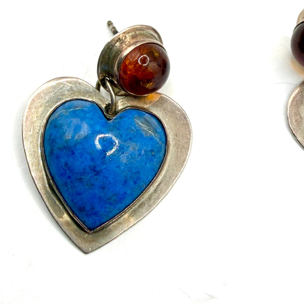 Vintage 90s Jason Livingston Signed Sterling Silver Lapis Amber Heart Earrings