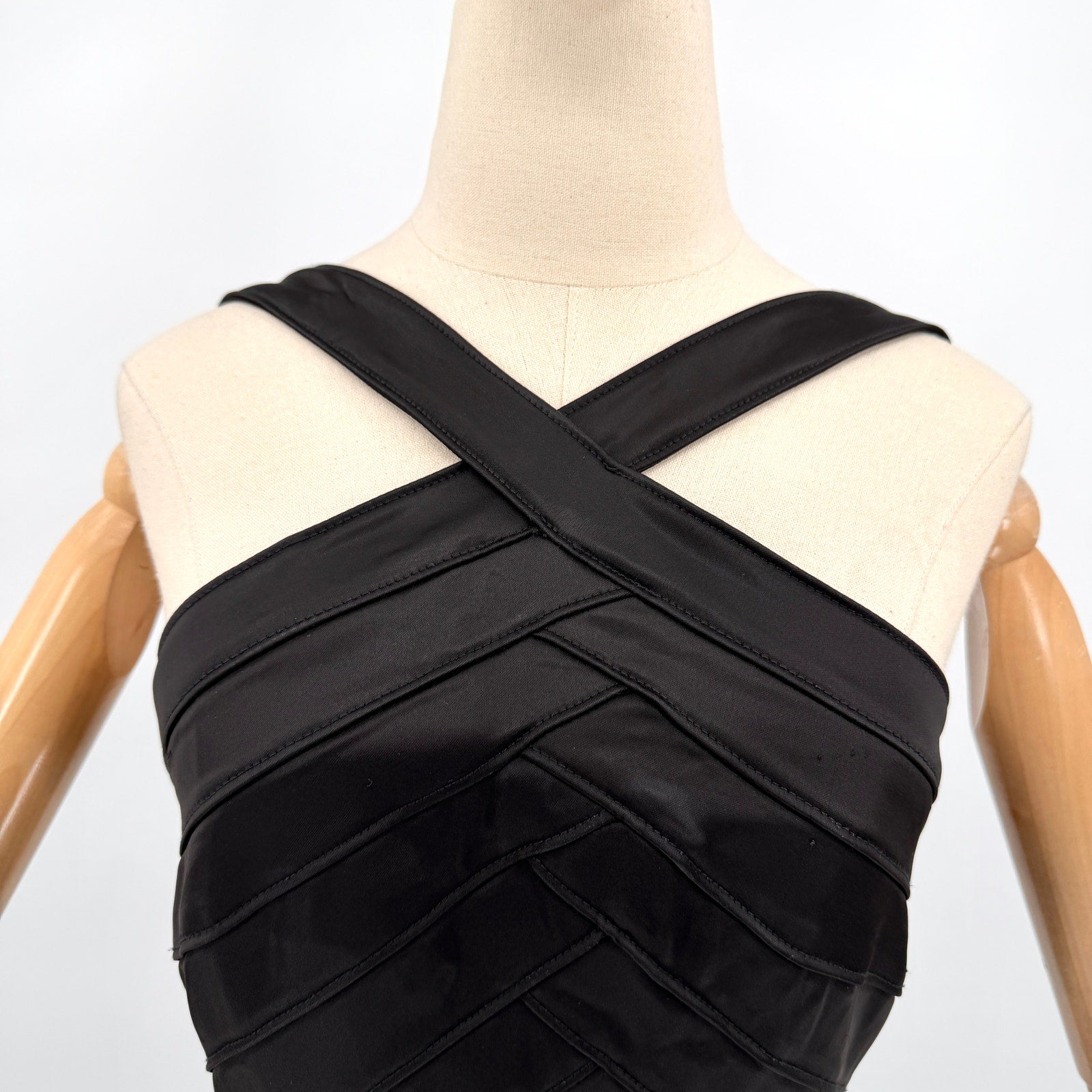 Vintage 90s Tadashi Black Satin Halter Neck Bodycon Bandage Midi Dress