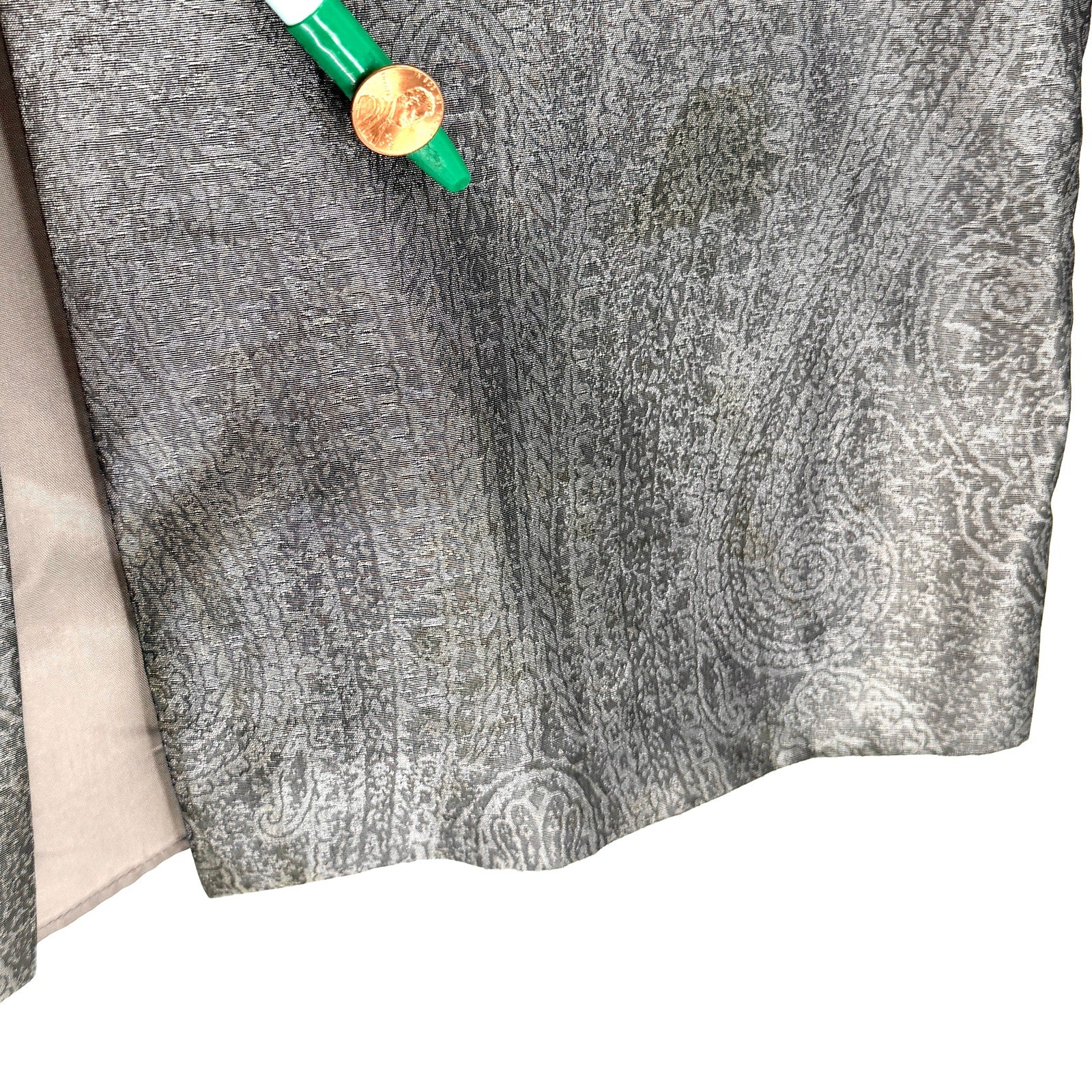 Vintage 90s Kay Unger Silver 100% Silk Paisley Back Slit Maxi Pencil Skirt