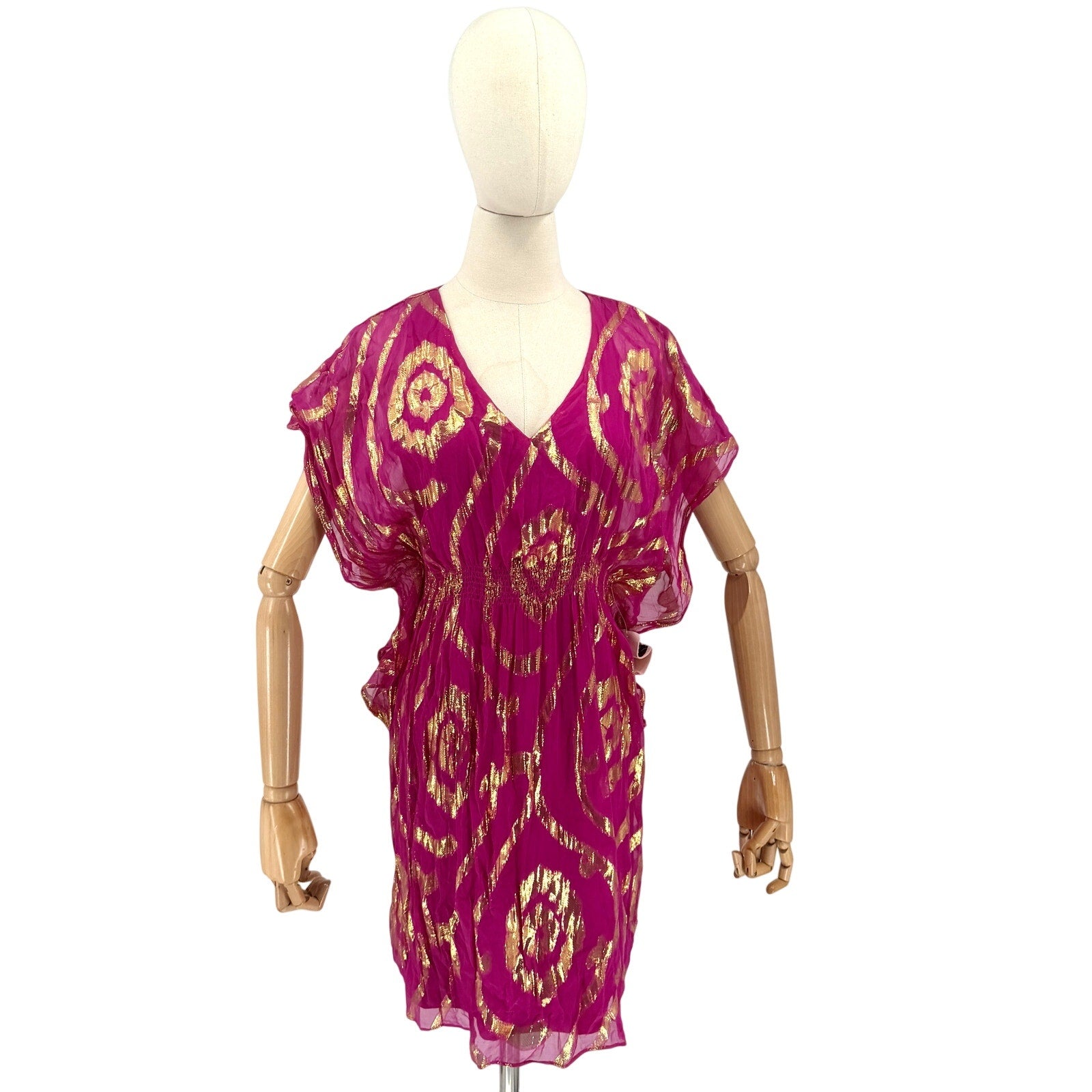 Oleg Cassini Magenta Gold Metallic Lurex Glam Silk Blend Mini Dress