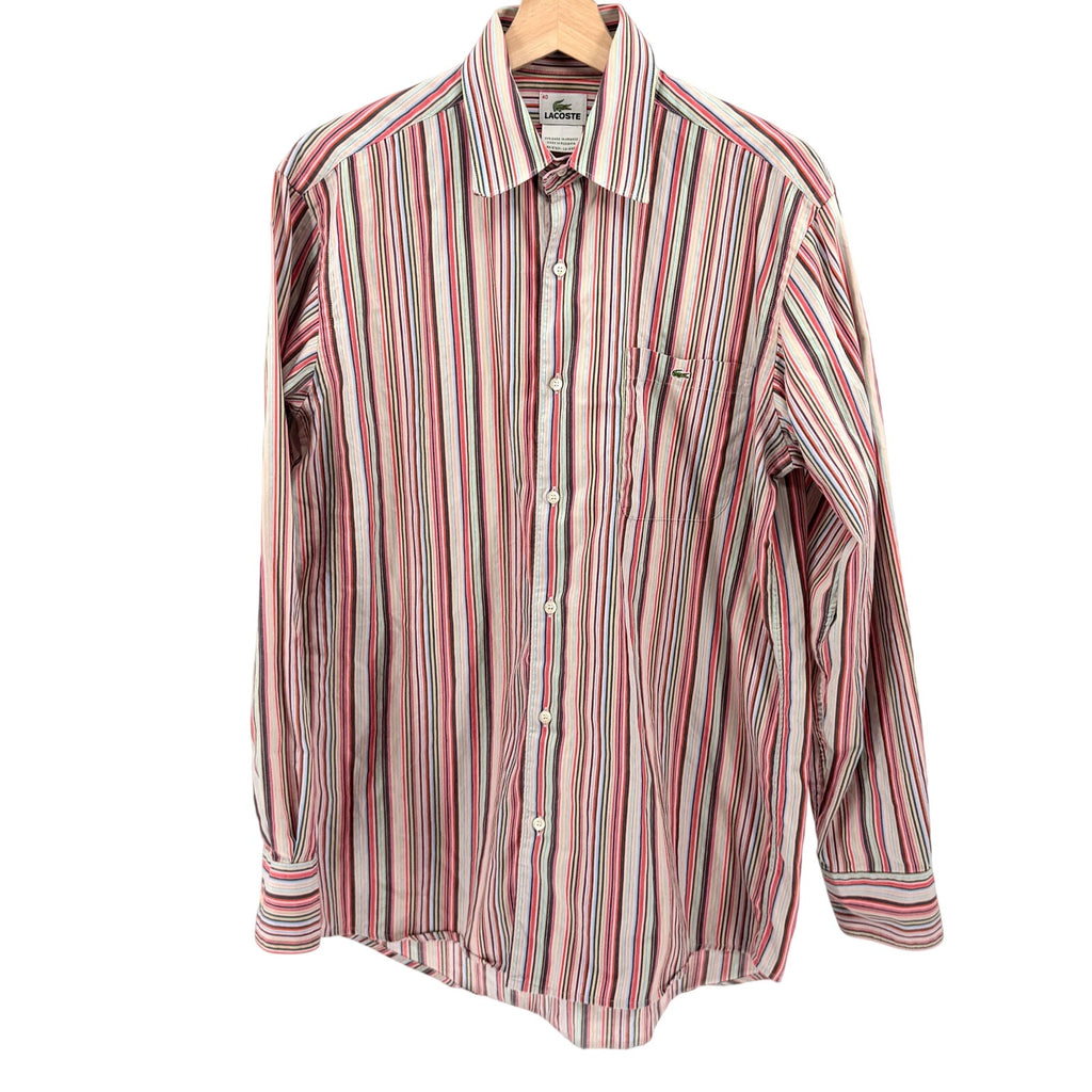 Lacoste Red Pink Striped Multi Color 100% Cotton Button Down Dress Shirt