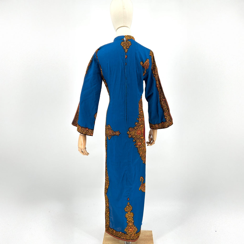Vintage 70s/80s Bou Boudina Blue Ornate 100% Cotton Tribal Dress
