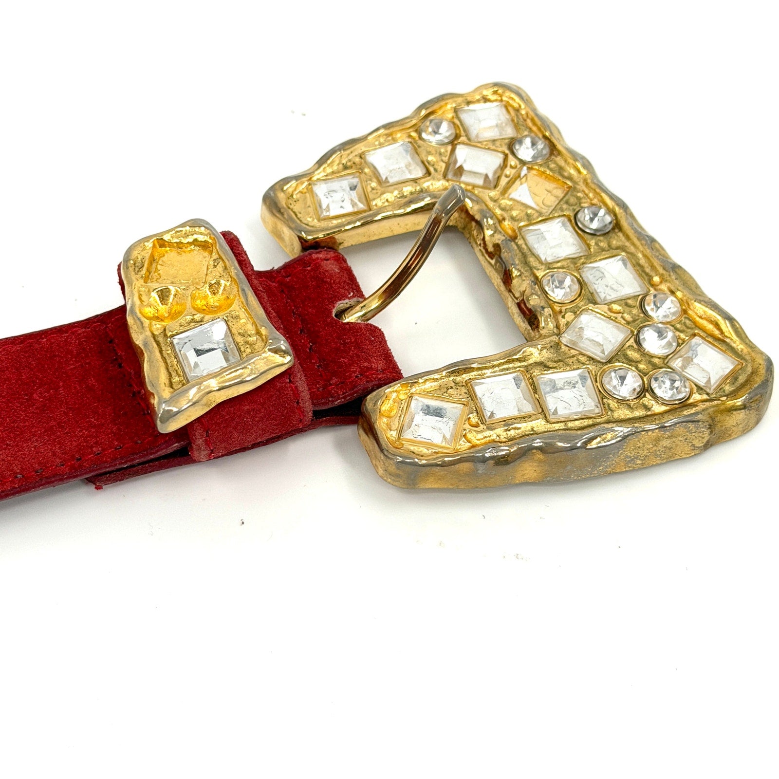 Vintage 90s Red Genuine Suede Rhinestone Buckle Statement Belt