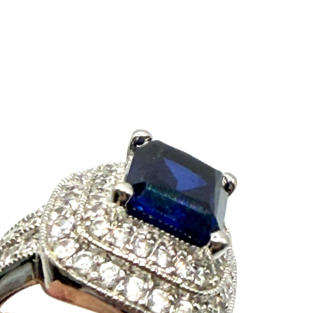 Vintage Y2K Sterling Silver Sapphire CZ Halo Pave Statement Ring