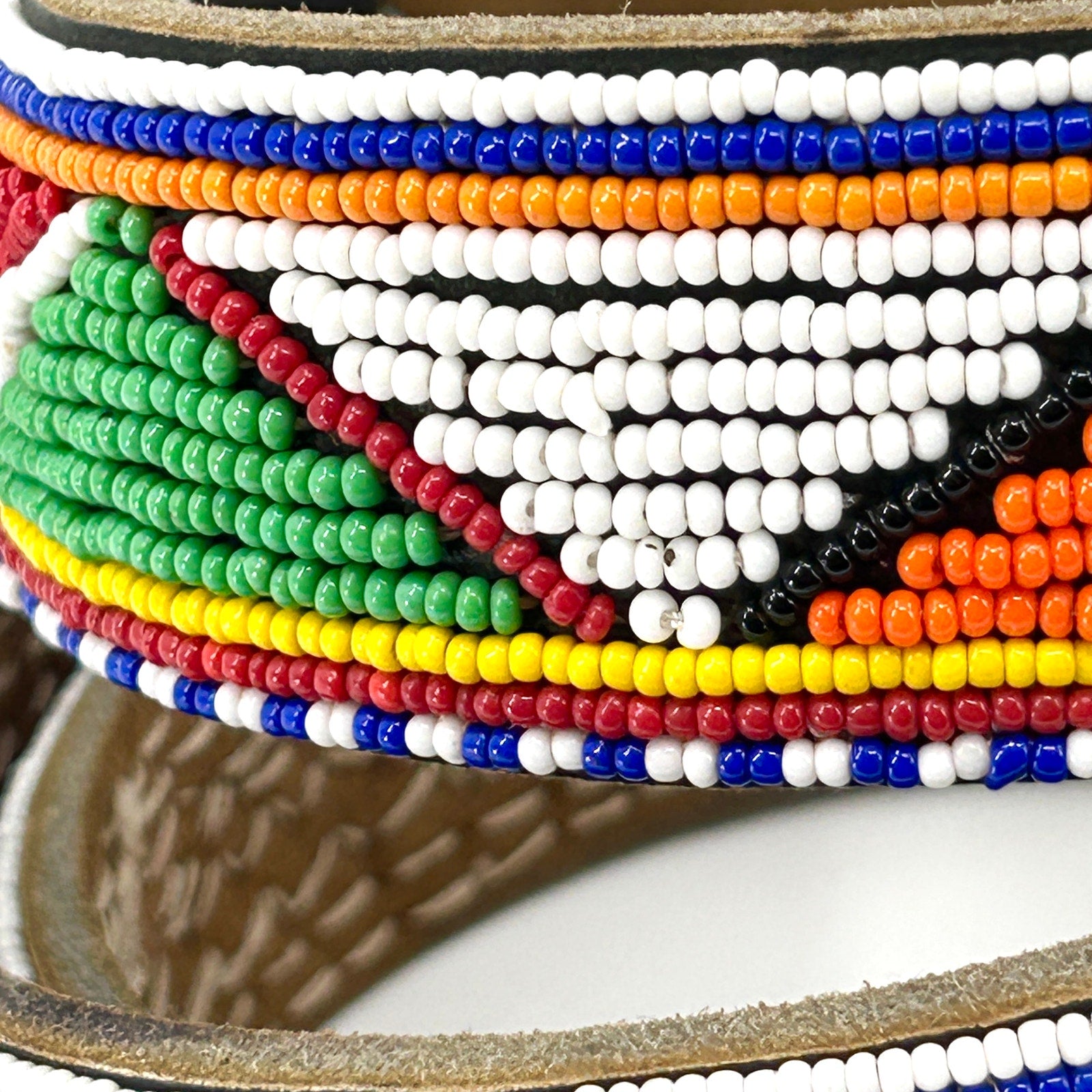 Vintage 90s Multicolor Seed Bead Geometric Genuine Leather African Style Belt