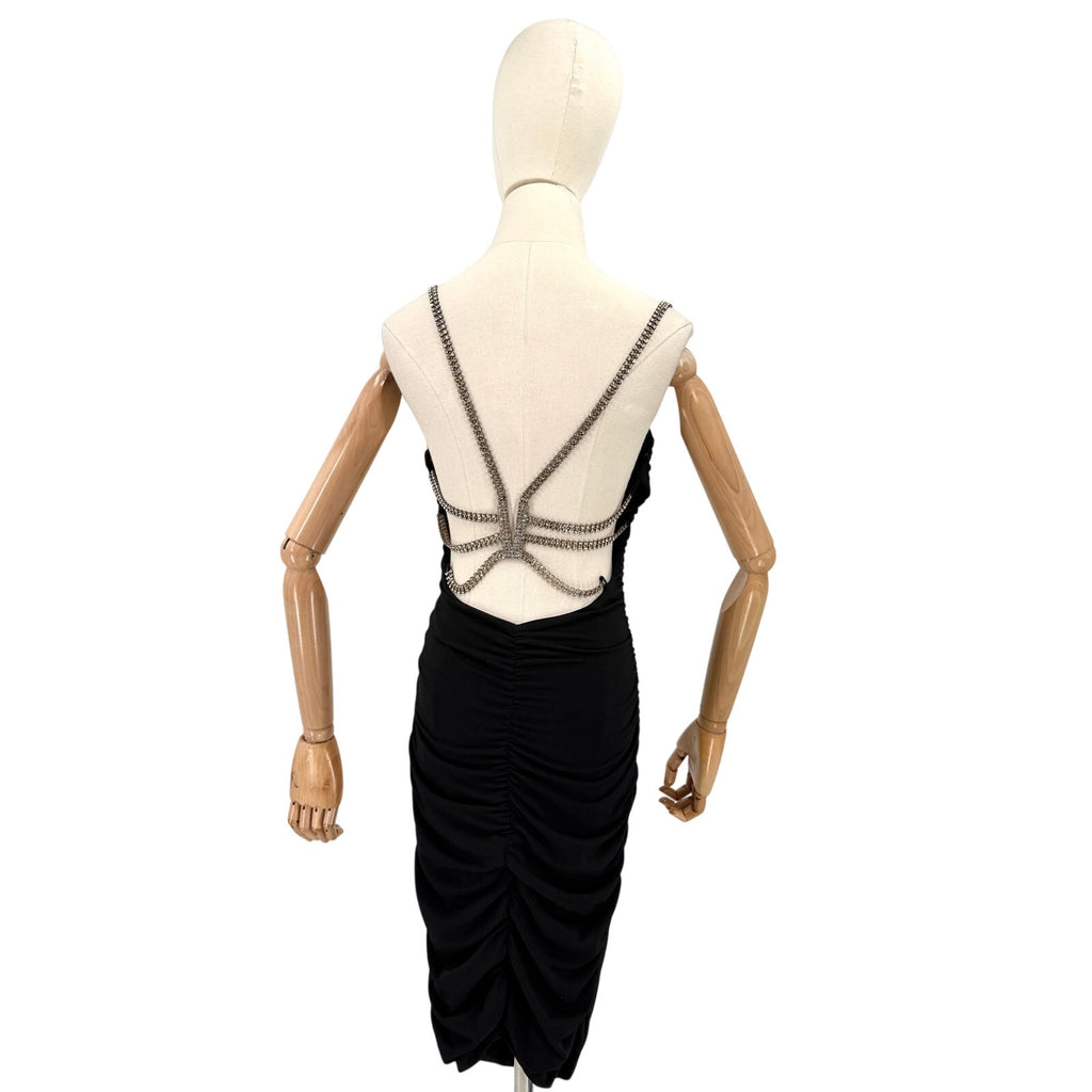 Vintage Y2K Sexy Cache Black Ruched Rhinestone Chain-Back Cocktail Dress