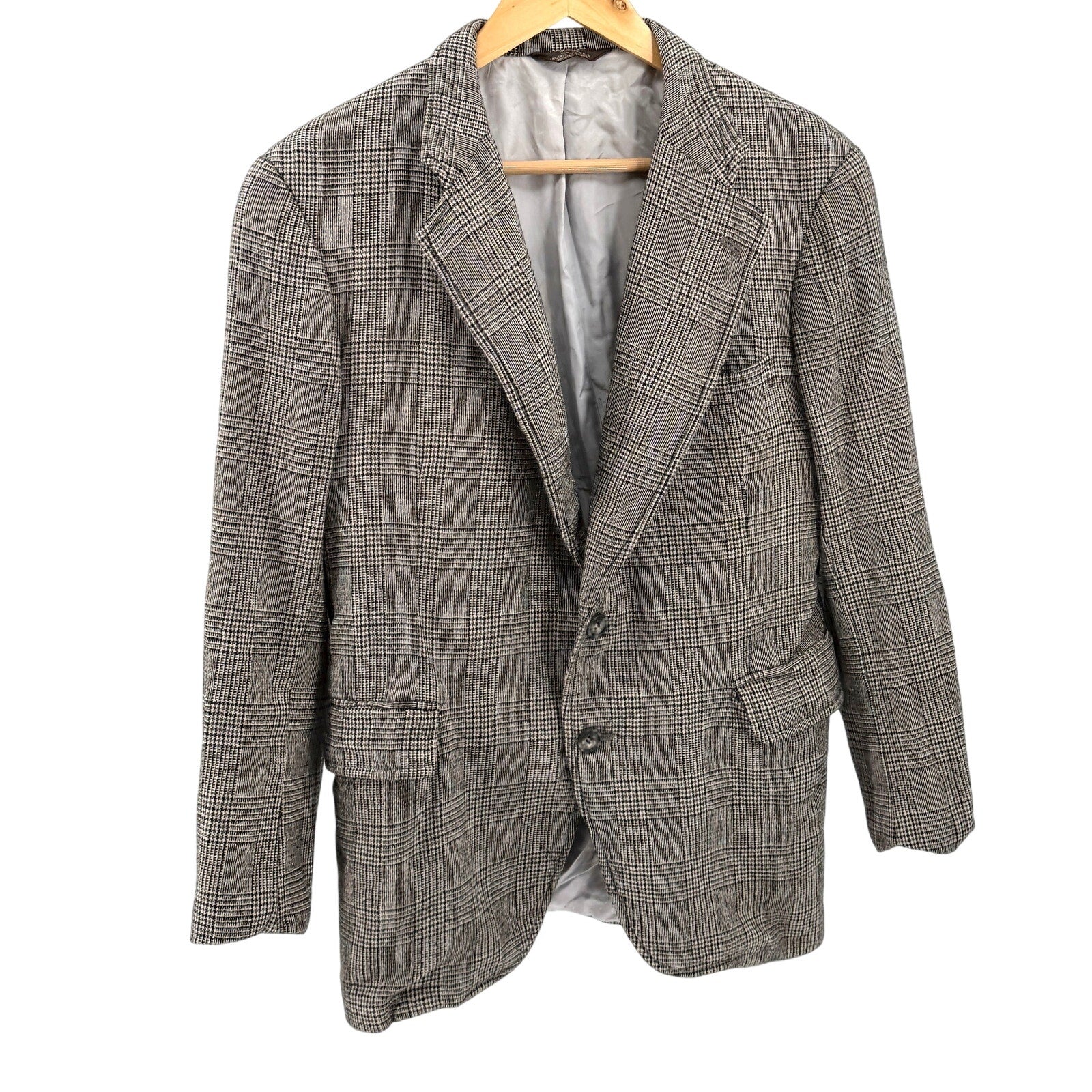 Vintage 80s Paul Stuart Tan Black Check Preppy Sharp Tailoring Blazer Jacket