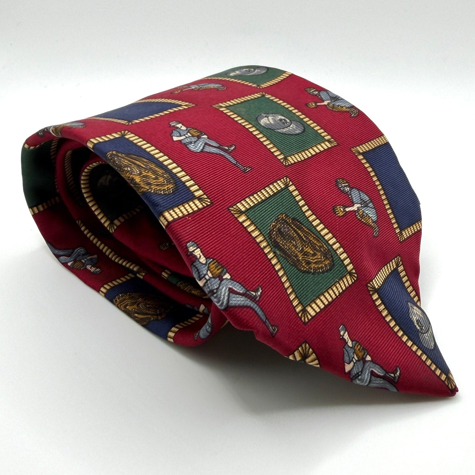 Vintage 90s Tommy Hilfiger Red 100% Silk Baseball Motif Preppy Novelty Tie