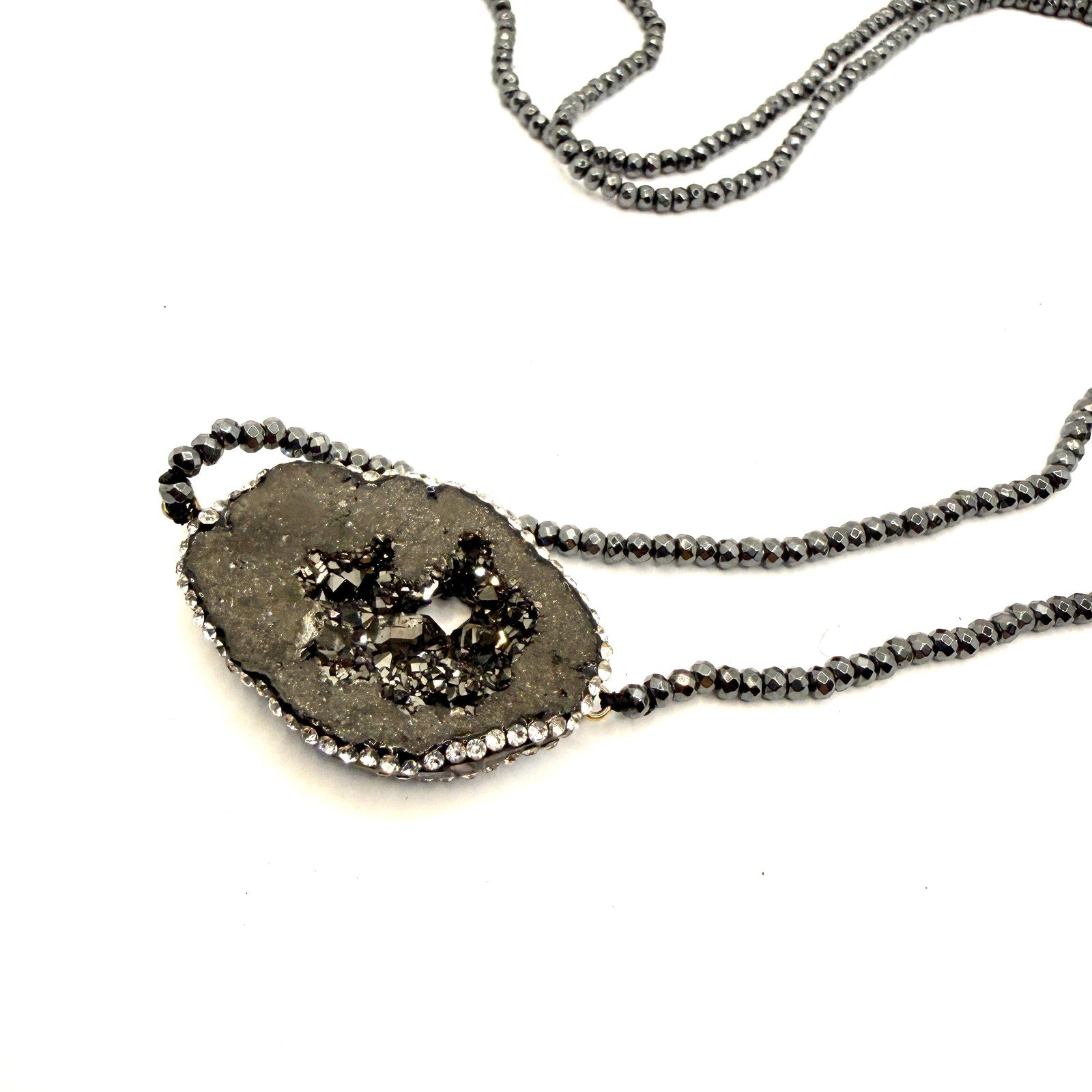Black Onyx Druzy Abalone Gunmetal Boho Tassel Lariat Necklace