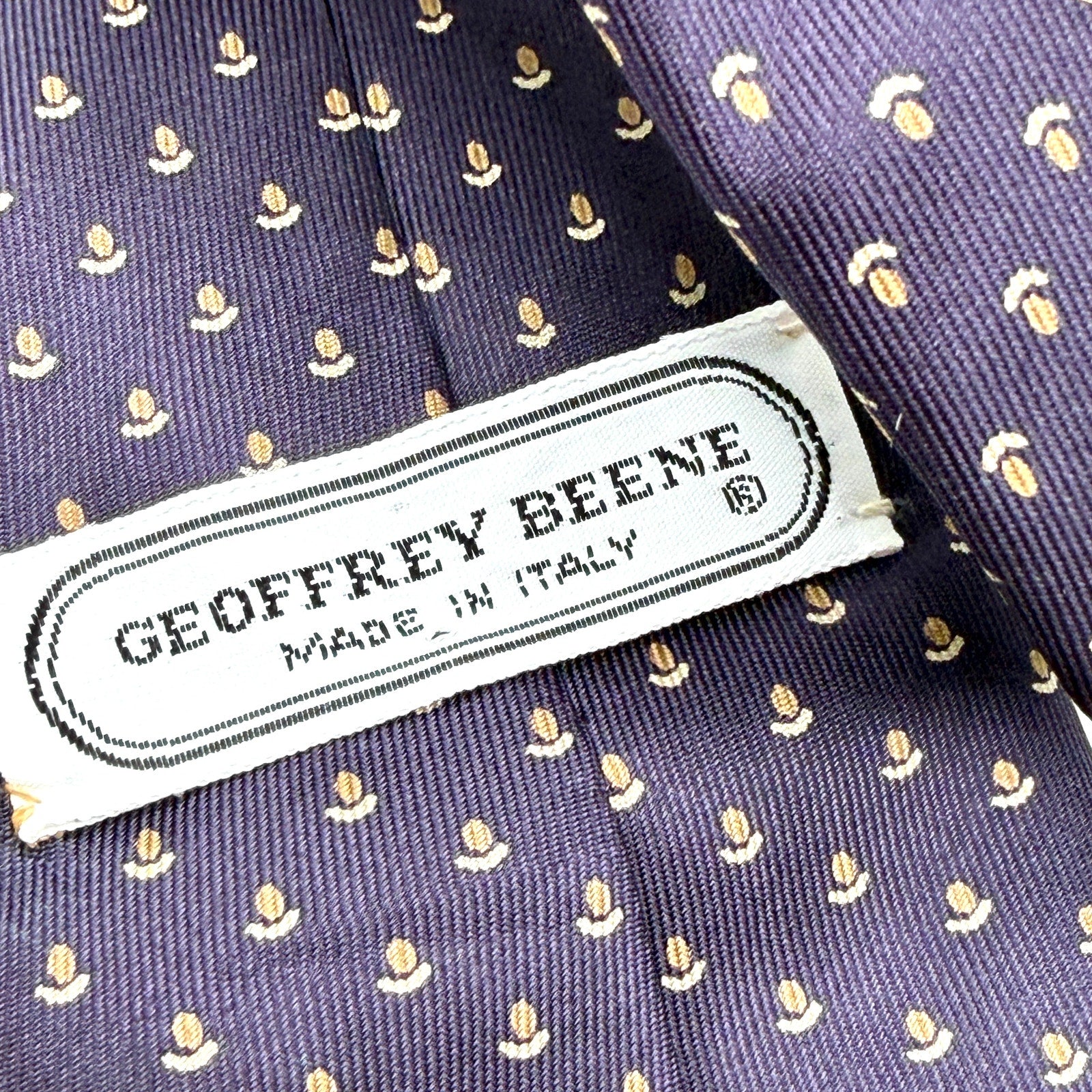 Vintage 90s Geoffrey Beene Blue Gold 100% Silk Acorn Neat Motif Tie